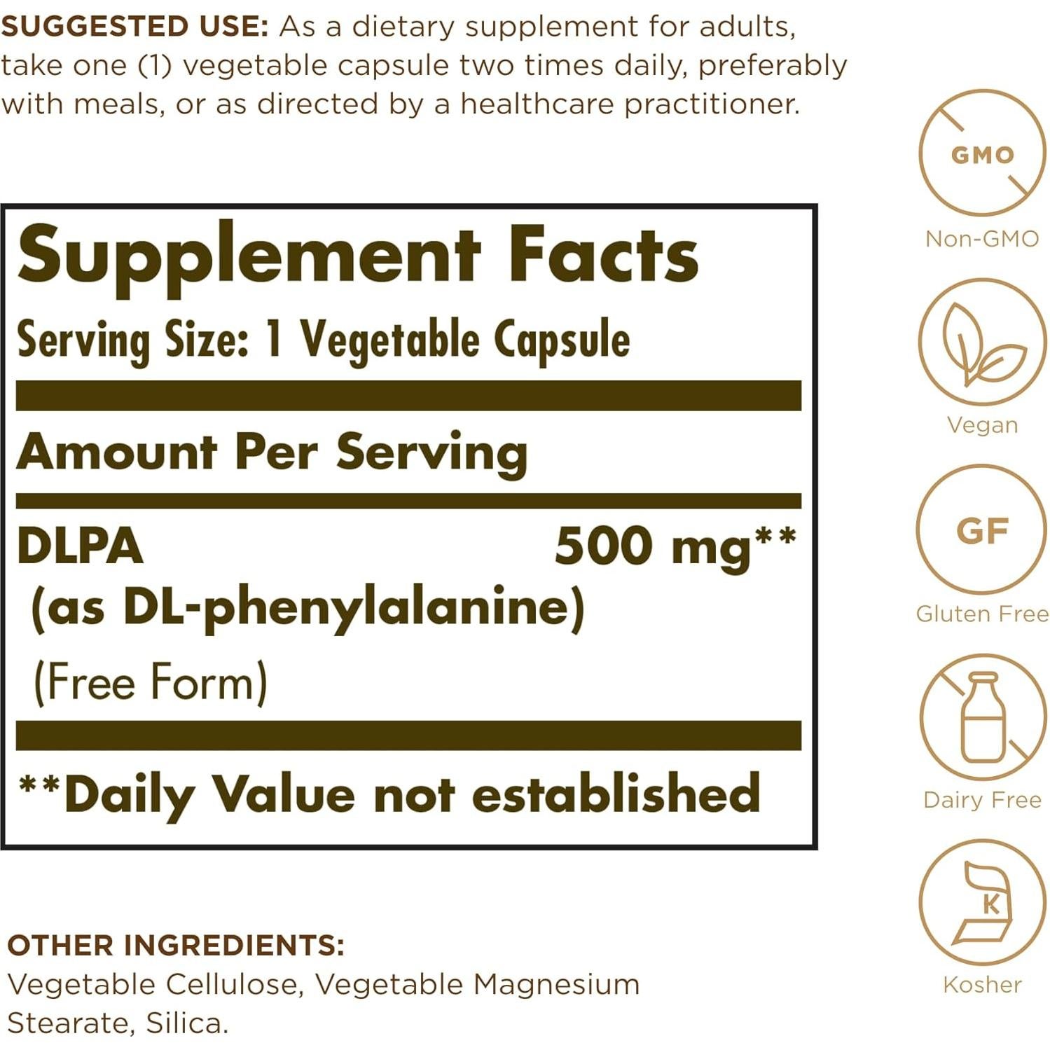 Solgar DLPA 500 mg - 100 Cápsulas Vegetales - Vegano, Sin Gluten
