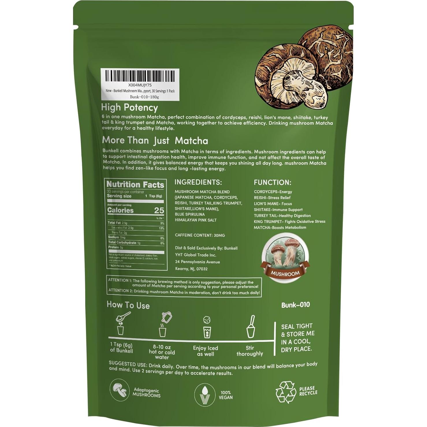 Mezcla de Matcha y Champiñones Bunkell 180g - Energía y Enfoque