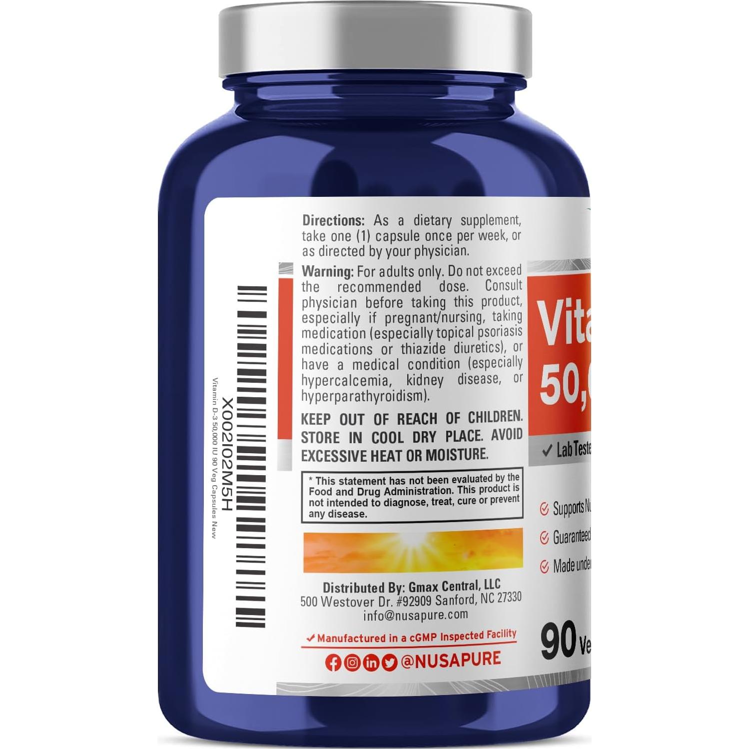 NusaPure Vitamina D3 50,000 UI 90 Cápsulas Veganas