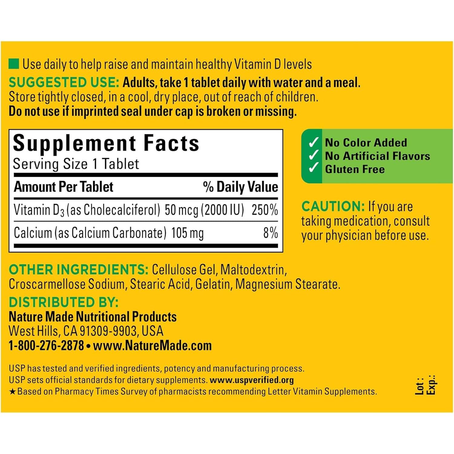 Vitamina D3 Nature Made 220 Tabletas 2000 UI (50 mcg)