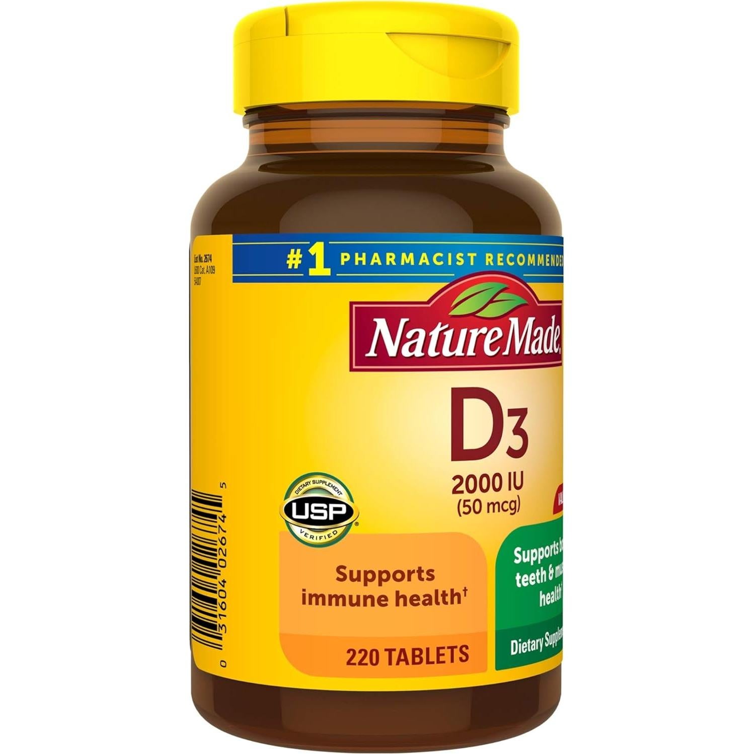 Vitamina D3 Nature Made 220 Tabletas 2000 UI (50 mcg)