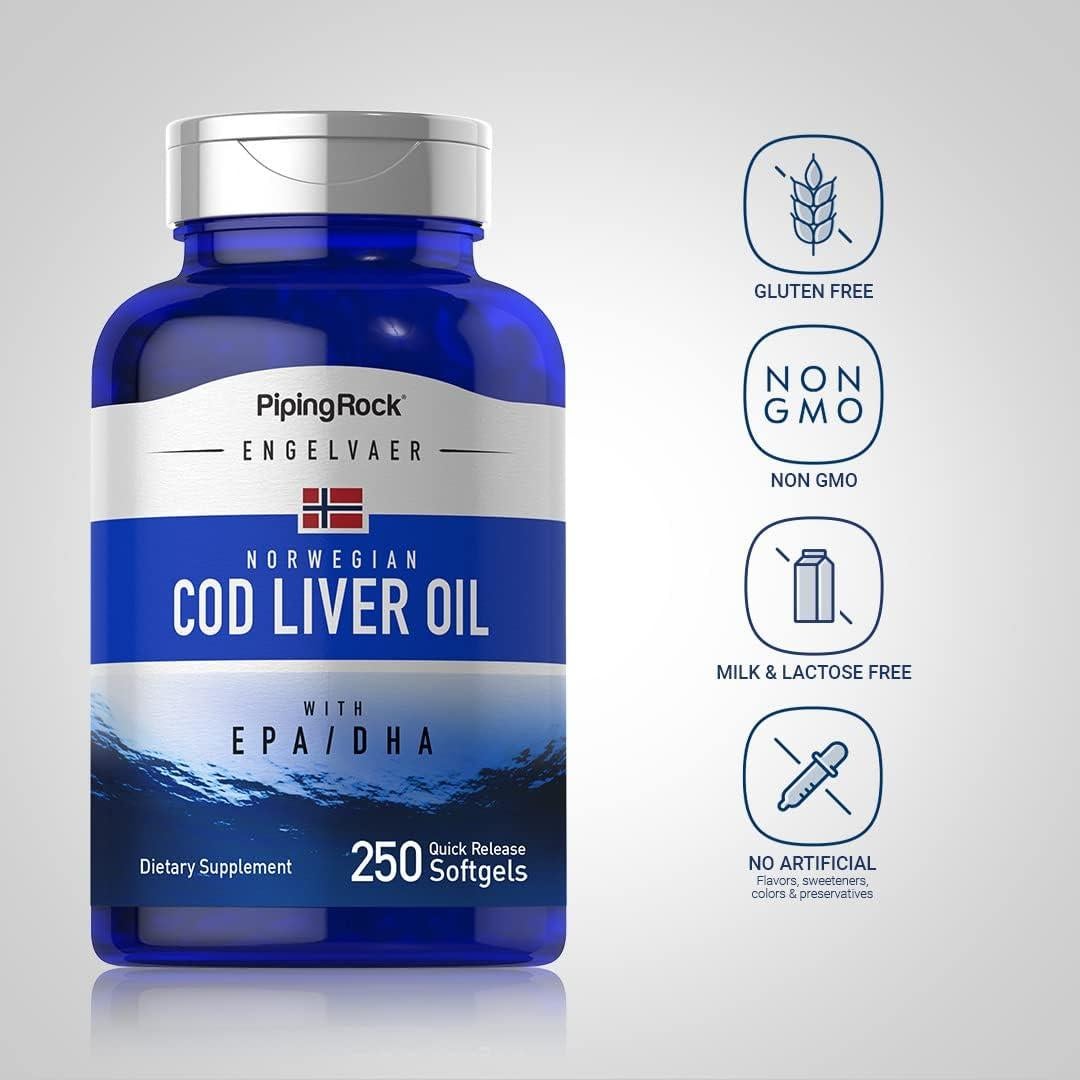 Aceite de Hígado de Bacalao Piping Rock 250 Cápsulas Omega-3
