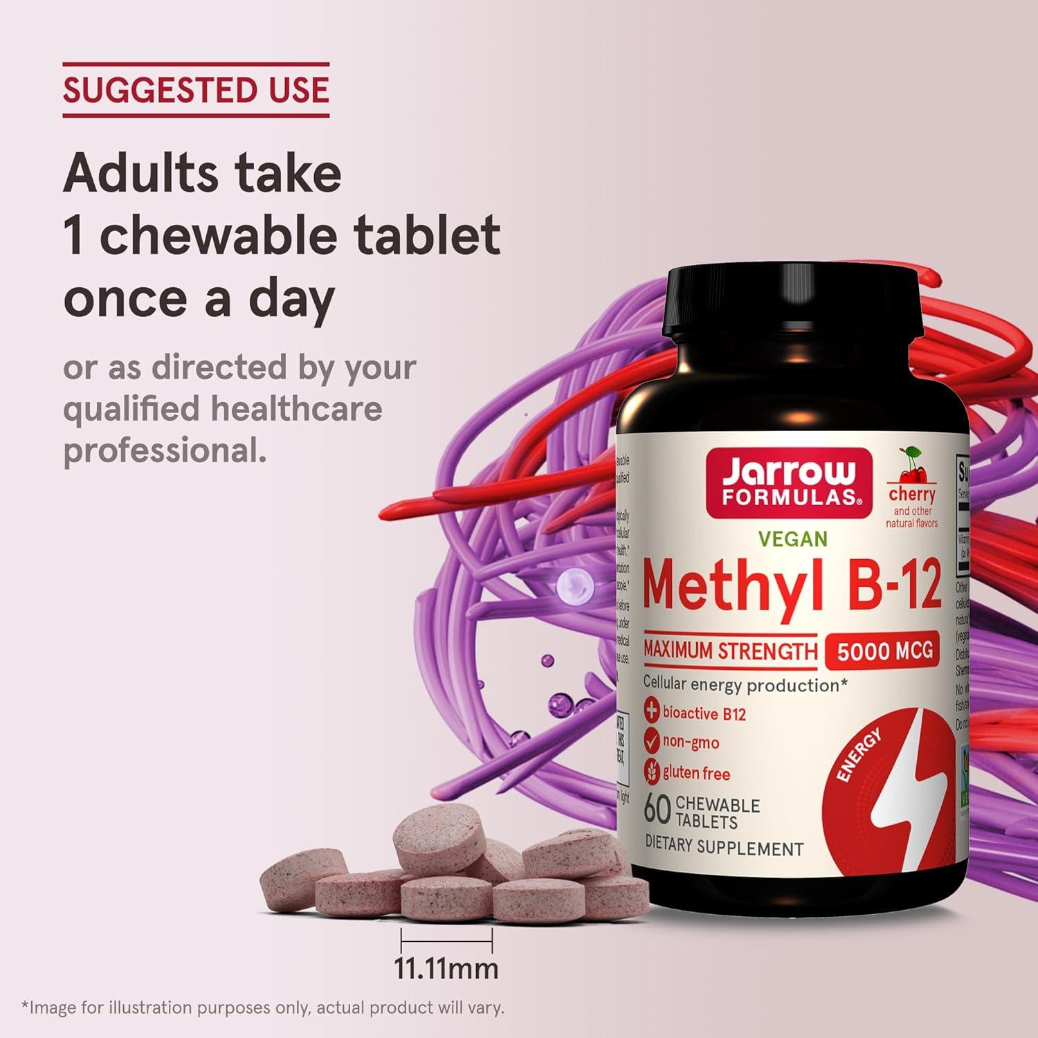 Suplemento Jarrow Formulas Metil B-12 5000 mcg - 60 Tabletas Masticables Sabor Cereza - Vitamina B12 Bioactiva