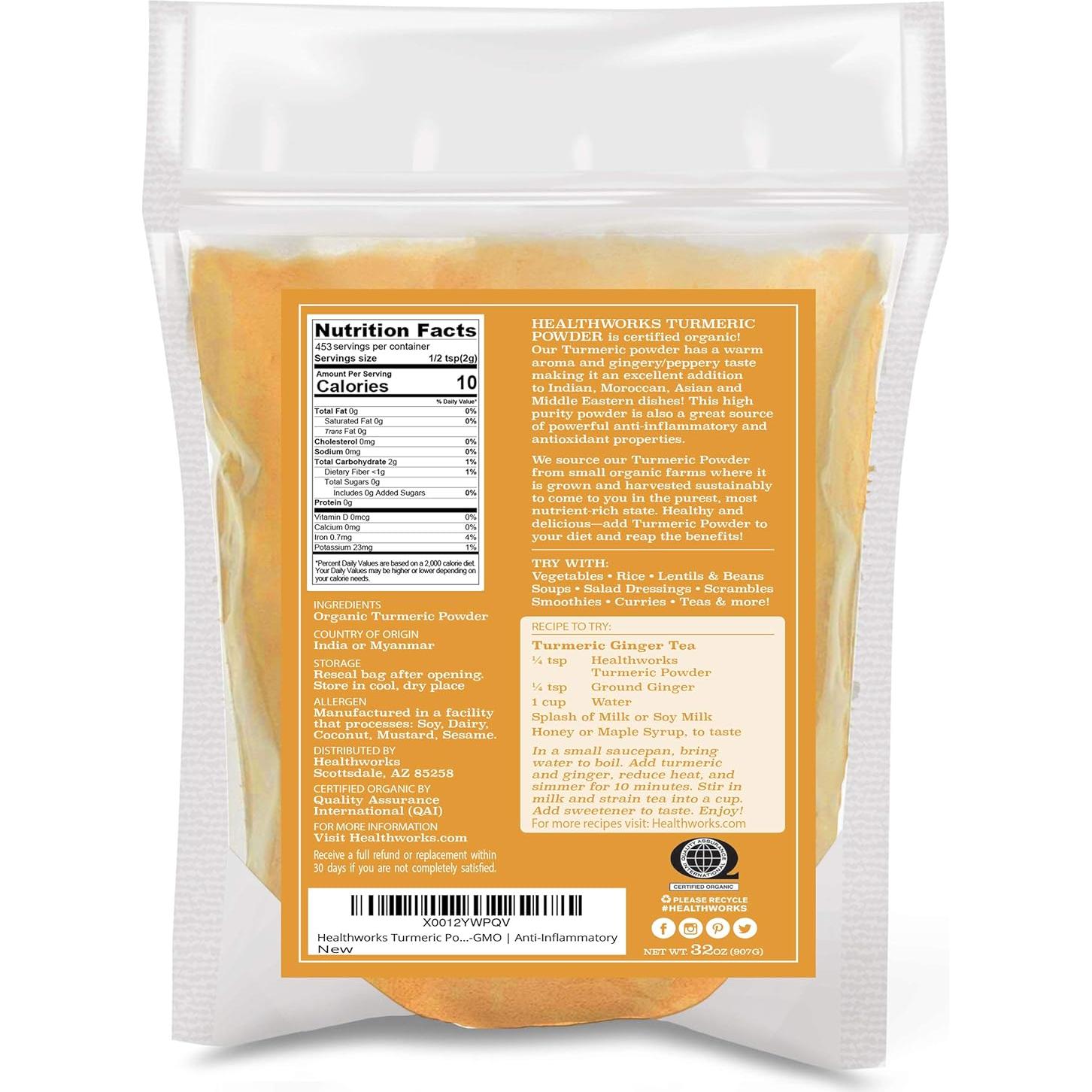 Polvo de Cúrcuma Orgánico Healthworks - 907 g, Keto, Paleo, Vegano