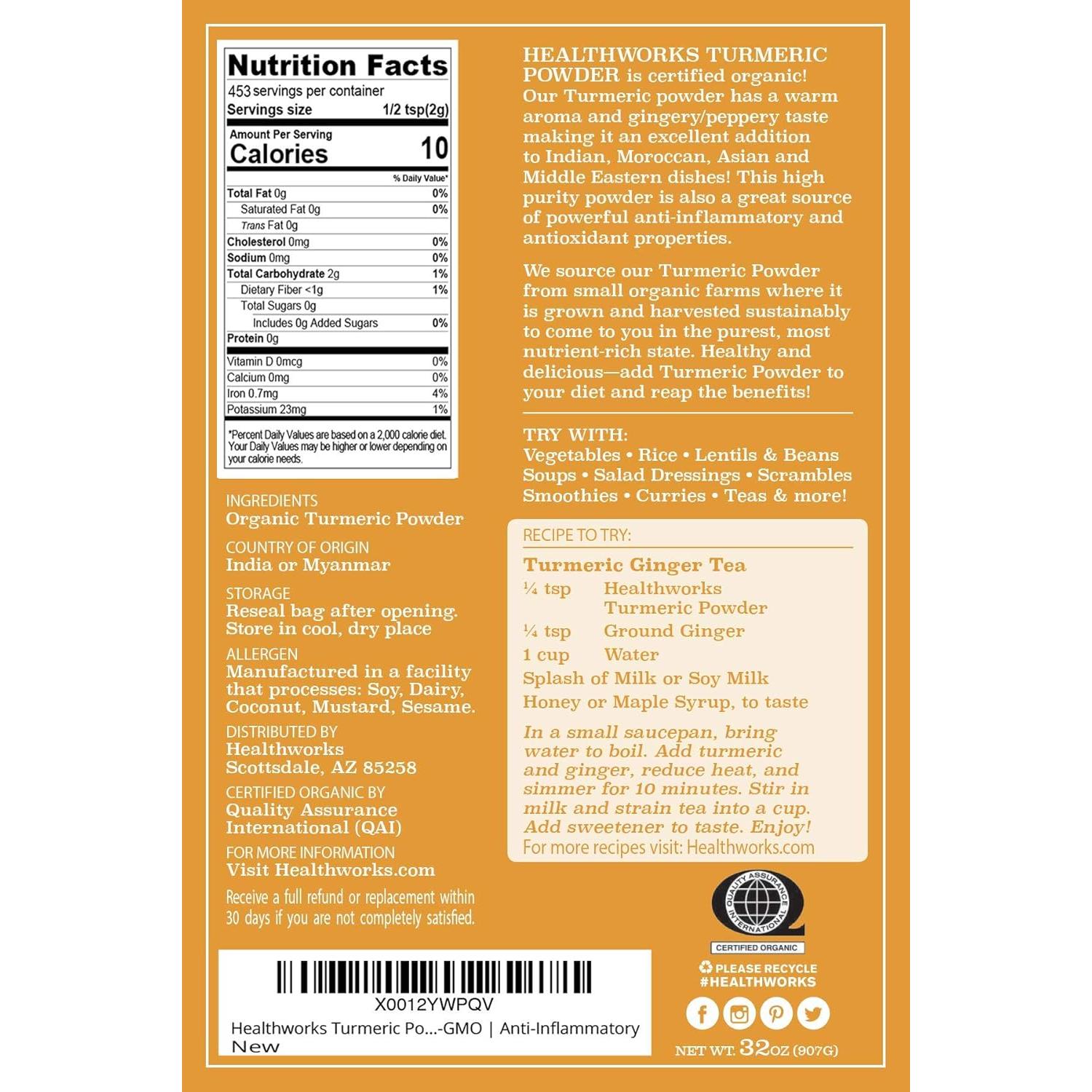 Polvo de Cúrcuma Orgánico Healthworks - 907 g, Keto, Paleo, Vegano