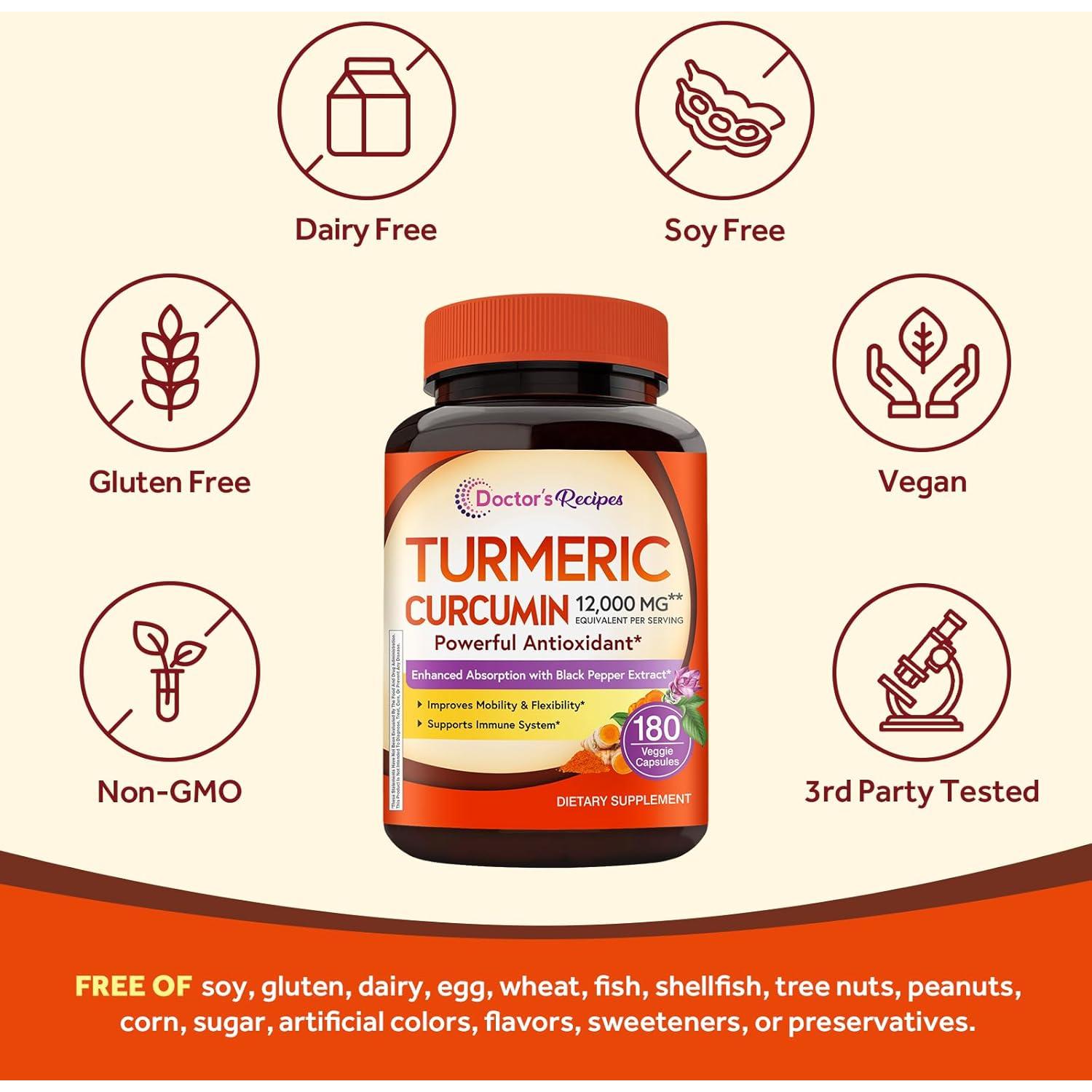 Suplemento de Cúrcuma Recetas del Doctor 12000 mg 180 Cápsulas