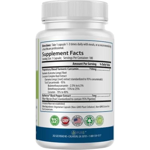 Suplemento de Cúrcuma Curcumina 750mg PURE - 180 Cápsulas Vegetarianas