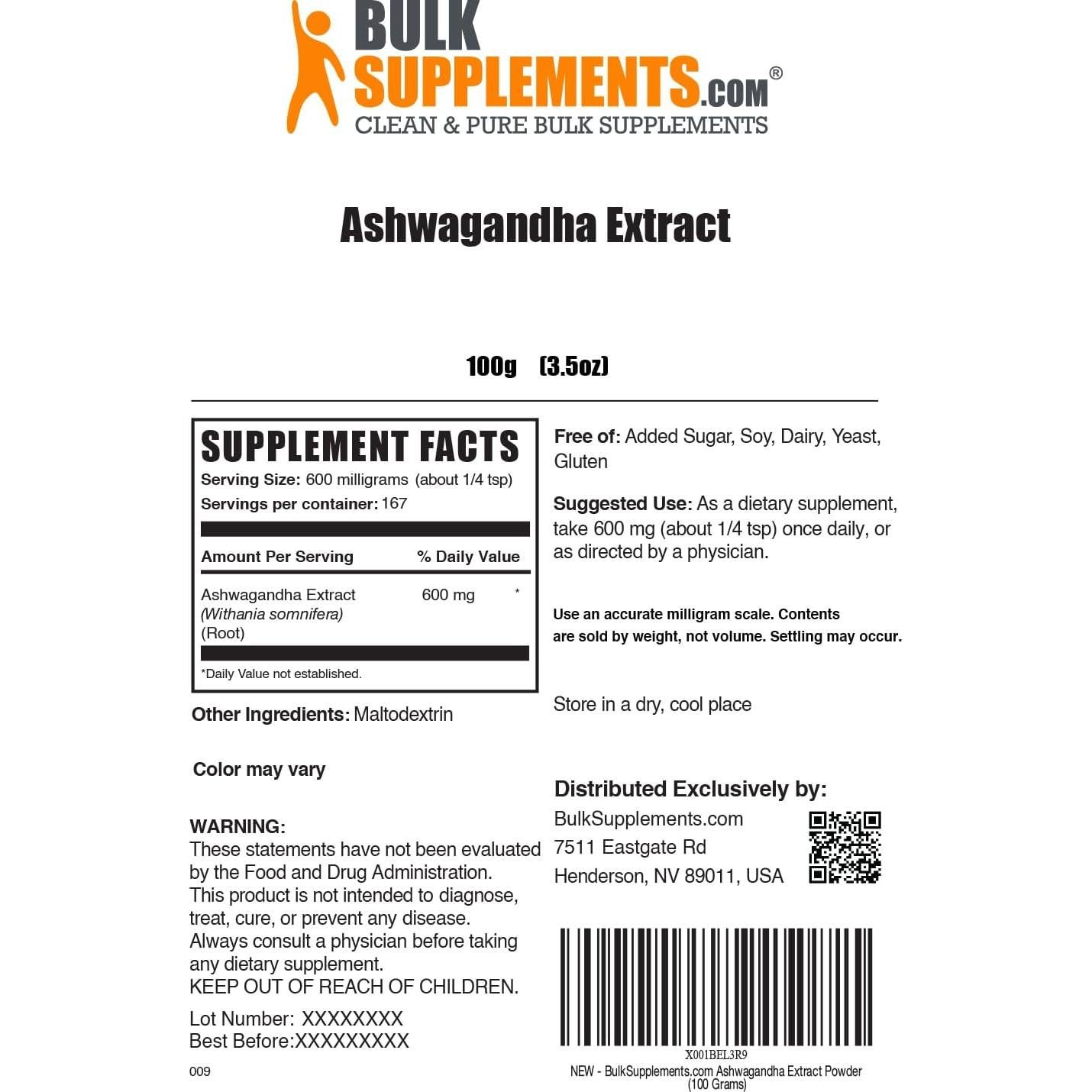 Extracto de Raíz de Ashwagandha BulkSupplements 600mg 100g