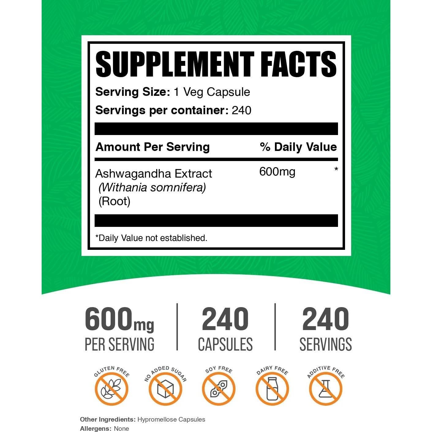 Cápsulas de Ashwagandha BulkSupplements 600mg - 240 Veganas