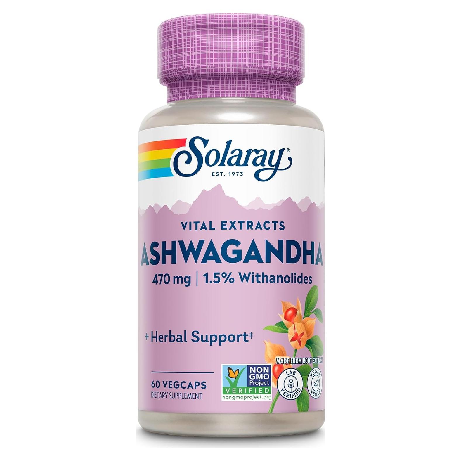 Suplemento de Ashwagandha Solaray 470mg - Vegano, 60 VegCaps