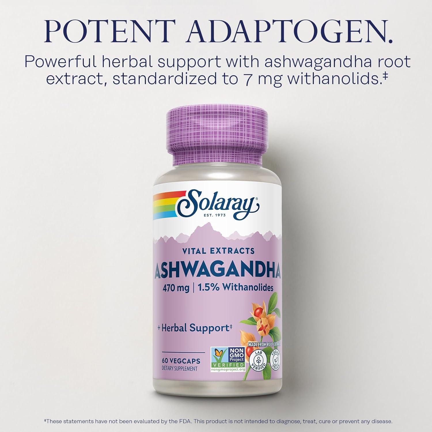 Suplemento de Ashwagandha Solaray 470mg - Vegano, 60 VegCaps