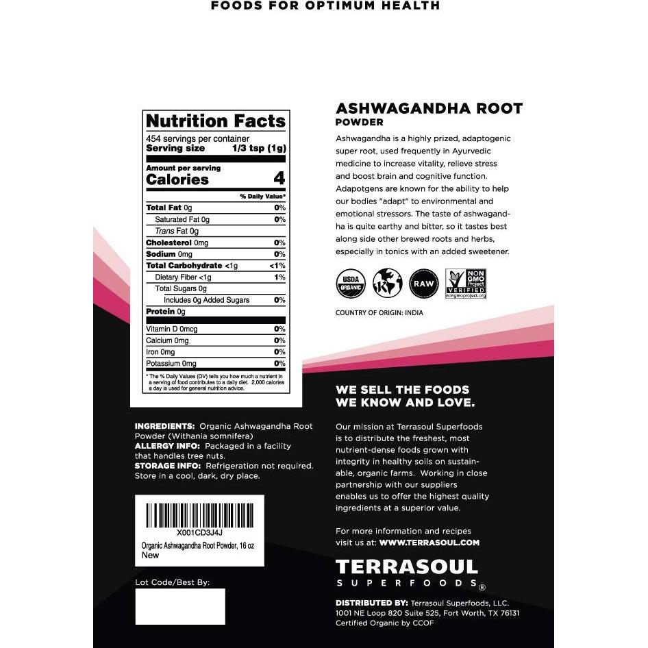 Polvo de Raíz de Ashwagandha Orgánico Terrasoul 0.45 kg