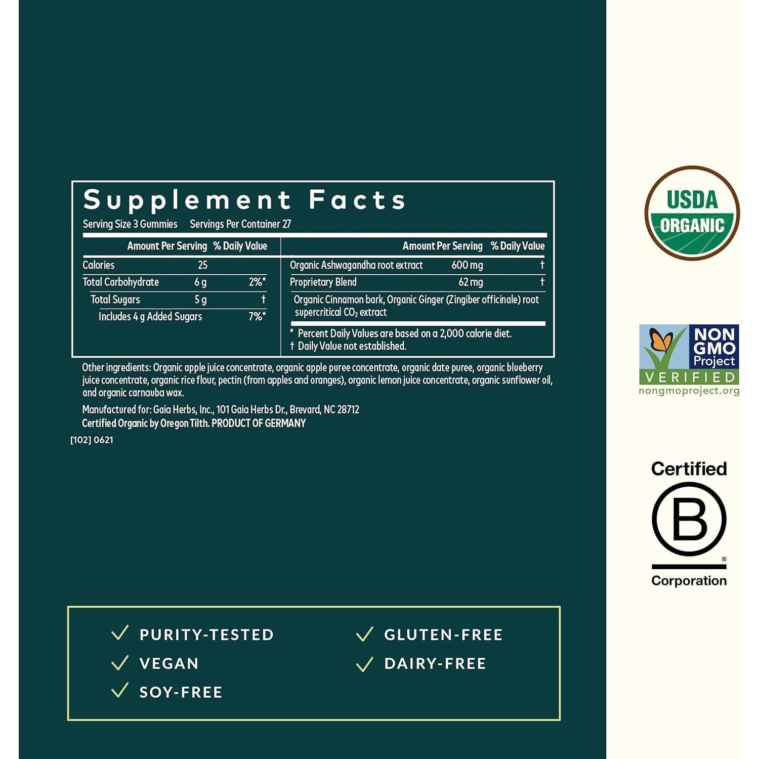 Gomas Orgánicas de Ashwagandha Gaia Herbs 81 Unidades