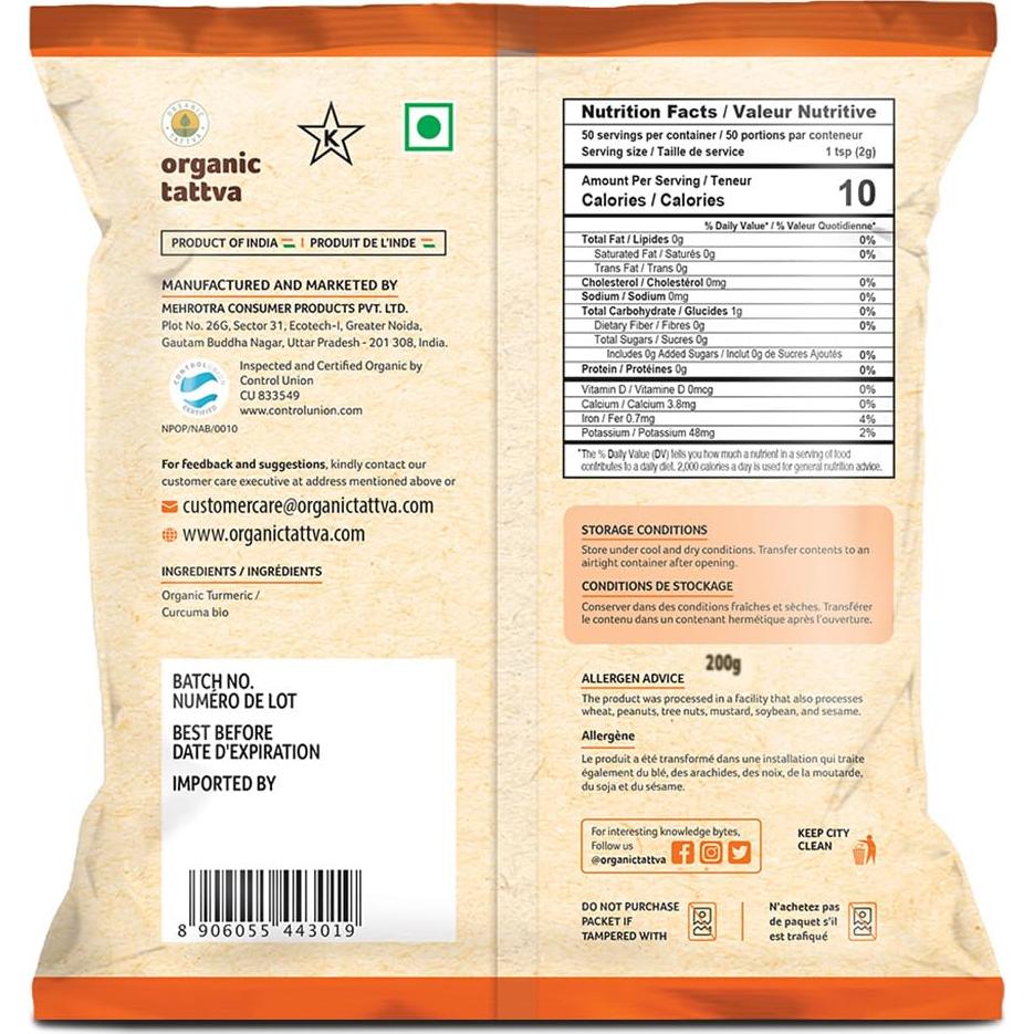 Polvo de Cúrcuma Orgánica Tattva 100g - Sin Gluten y Pesticidas