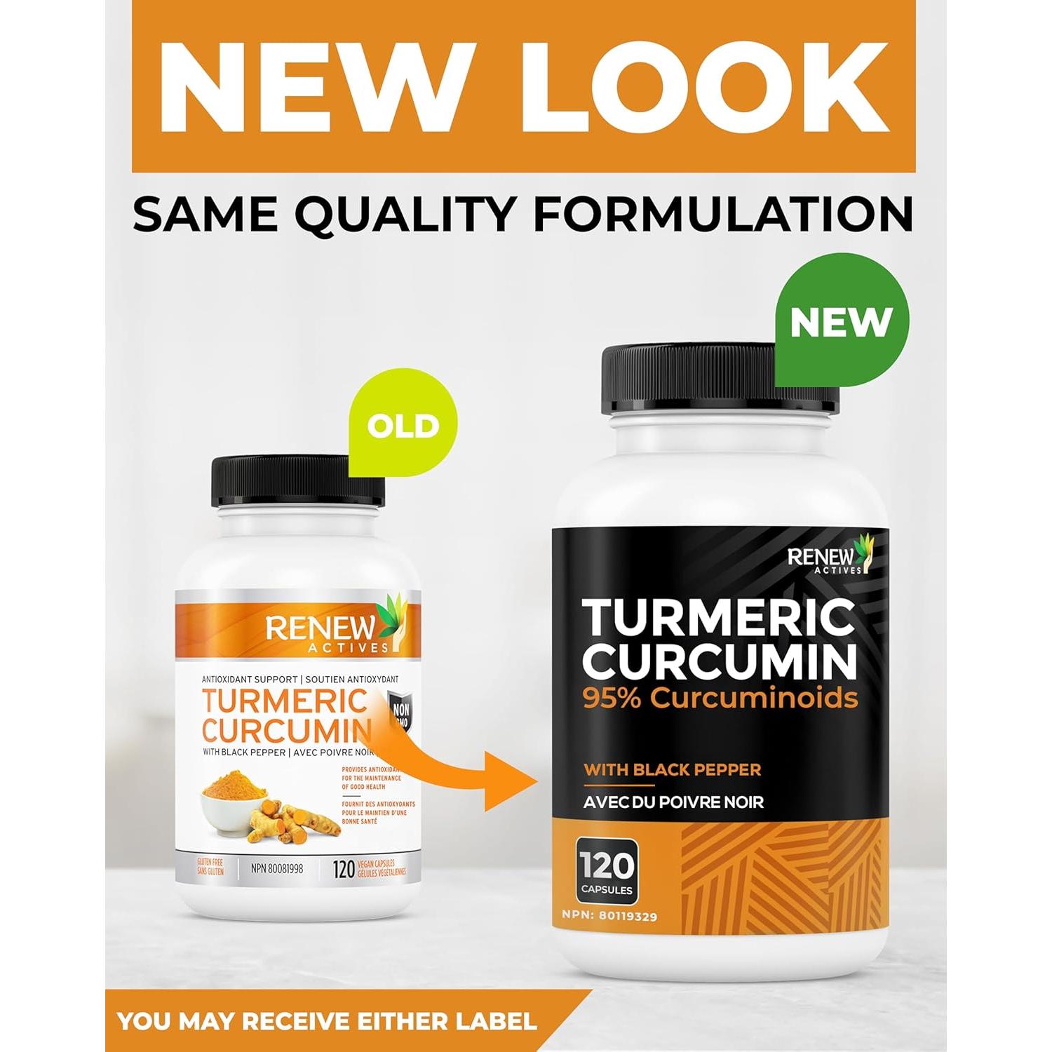 Renew Actives Cúrcuma Curcumina 600mg con Pimienta Negra - 120 Cápsulas