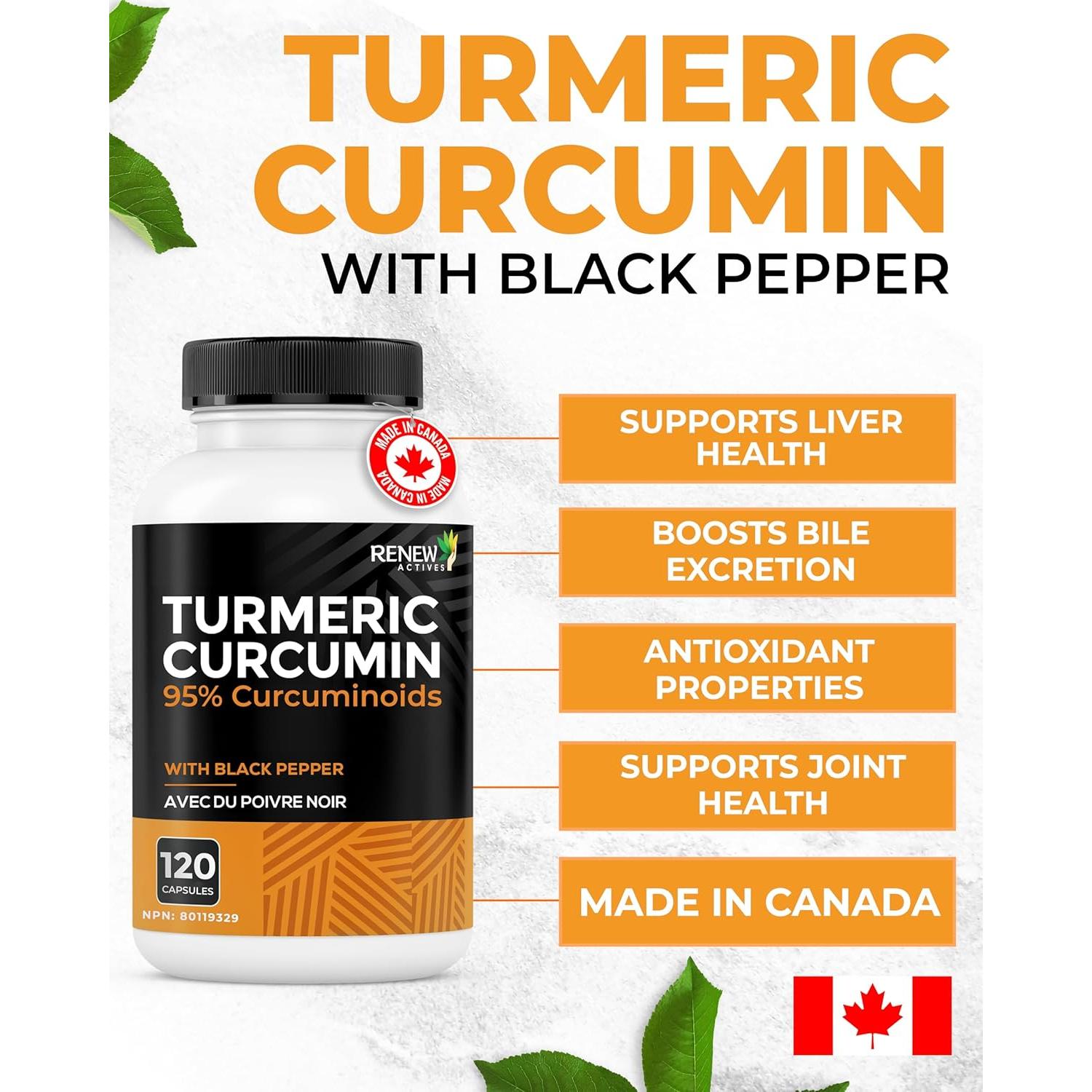 Renew Actives Cúrcuma Curcumina 600mg con Pimienta Negra - 120 Cápsulas