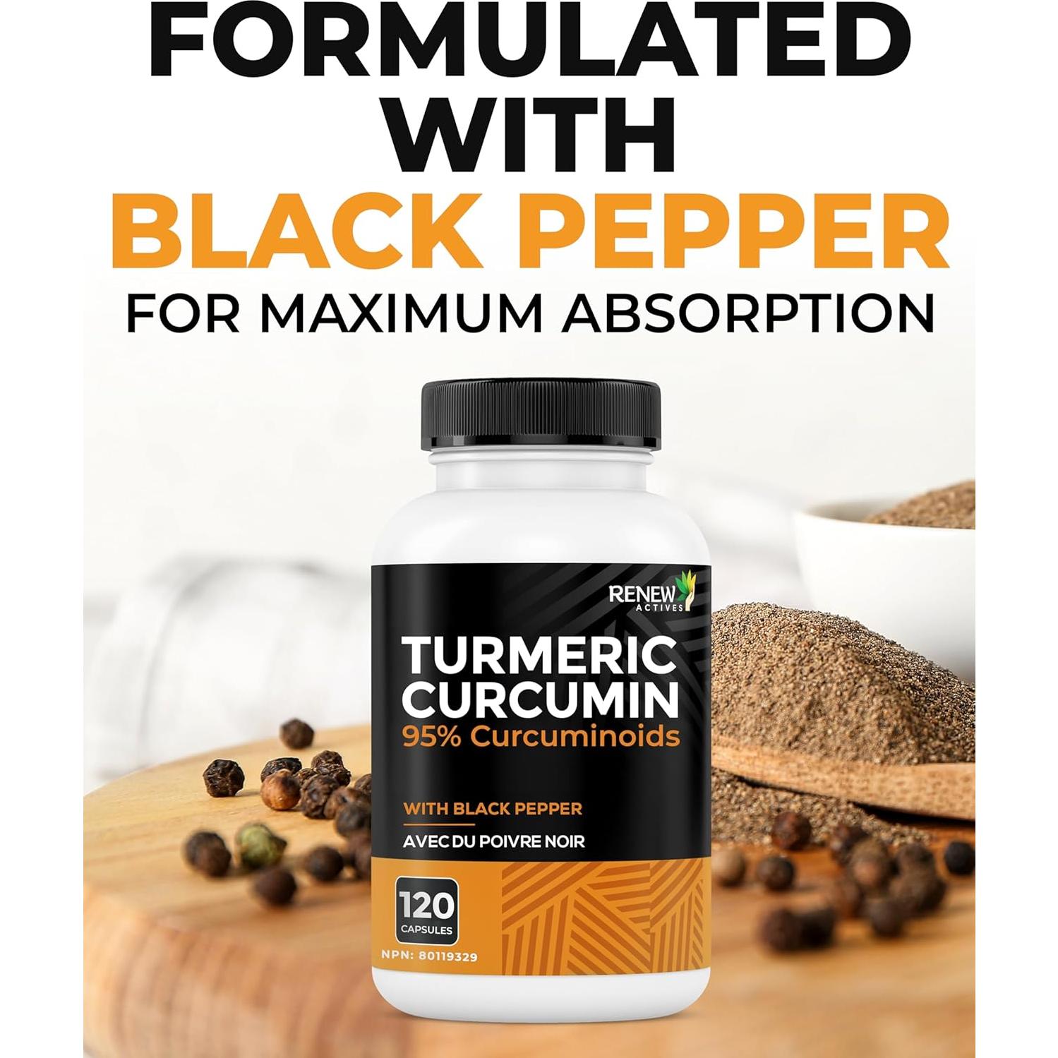 Renew Actives Cúrcuma Curcumina 600mg con Pimienta Negra - 120 Cápsulas