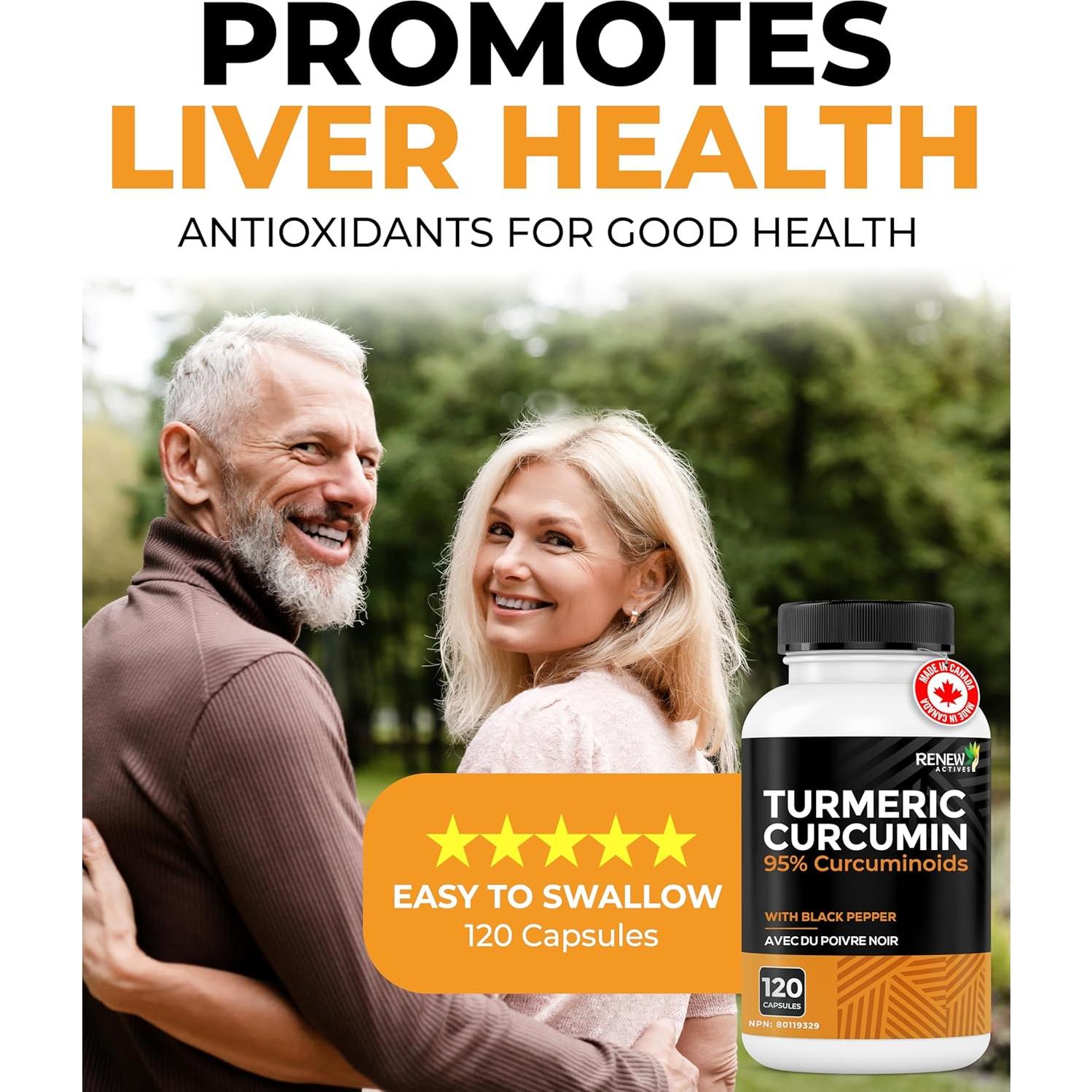 Renew Actives Cúrcuma Curcumina 600mg con Pimienta Negra - 120 Cápsulas