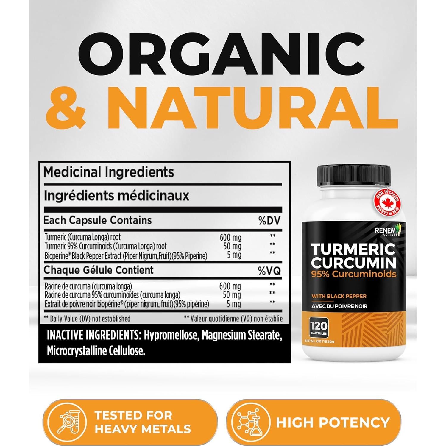 Renew Actives Cúrcuma Curcumina 600mg con Pimienta Negra - 120 Cápsulas