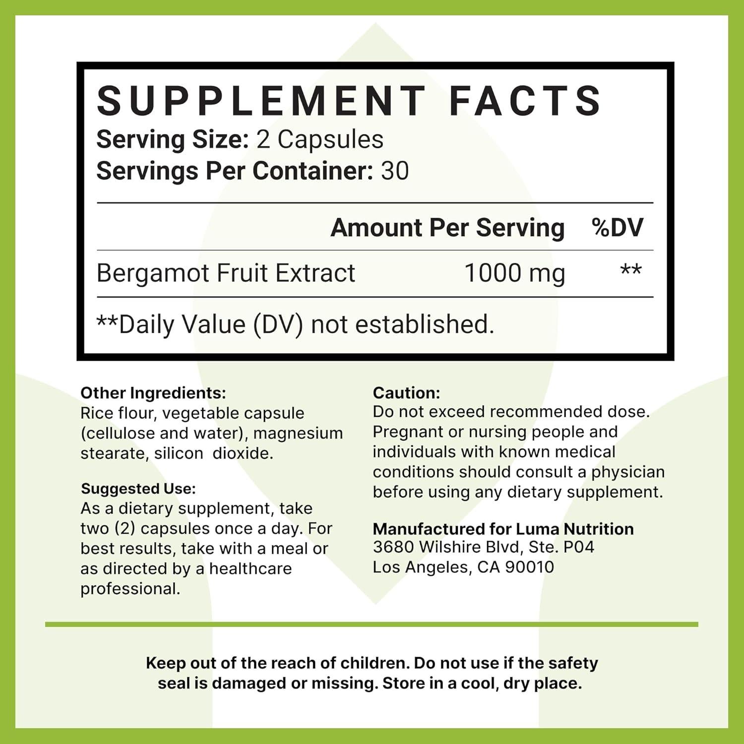 Suplemento de Bergamota Cítrica Luma Nutrition 1000mg 60 Cápsulas