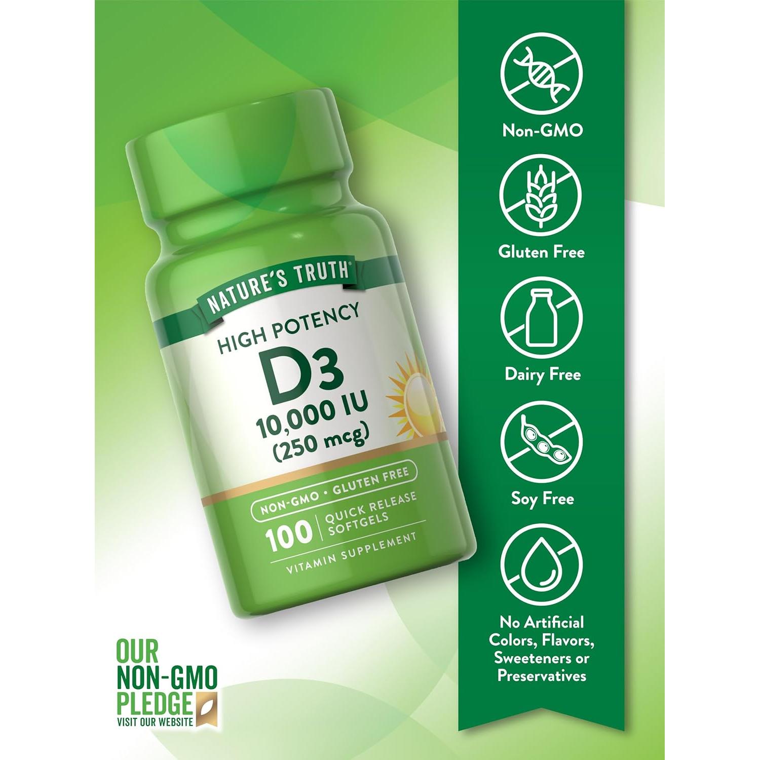 Suplemento de Vitamina D3 Nature's Truth 10,000 UI 100 Cápsulas