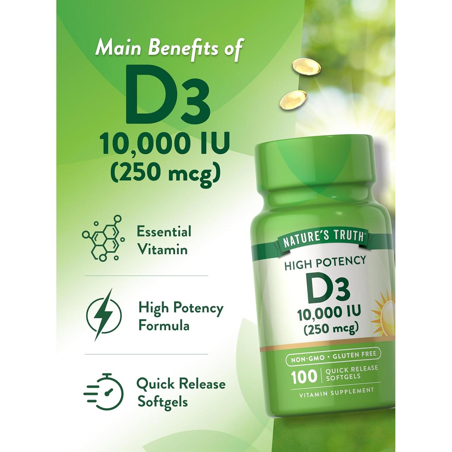 Suplemento de Vitamina D3 Nature's Truth 10,000 UI 100 Cápsulas