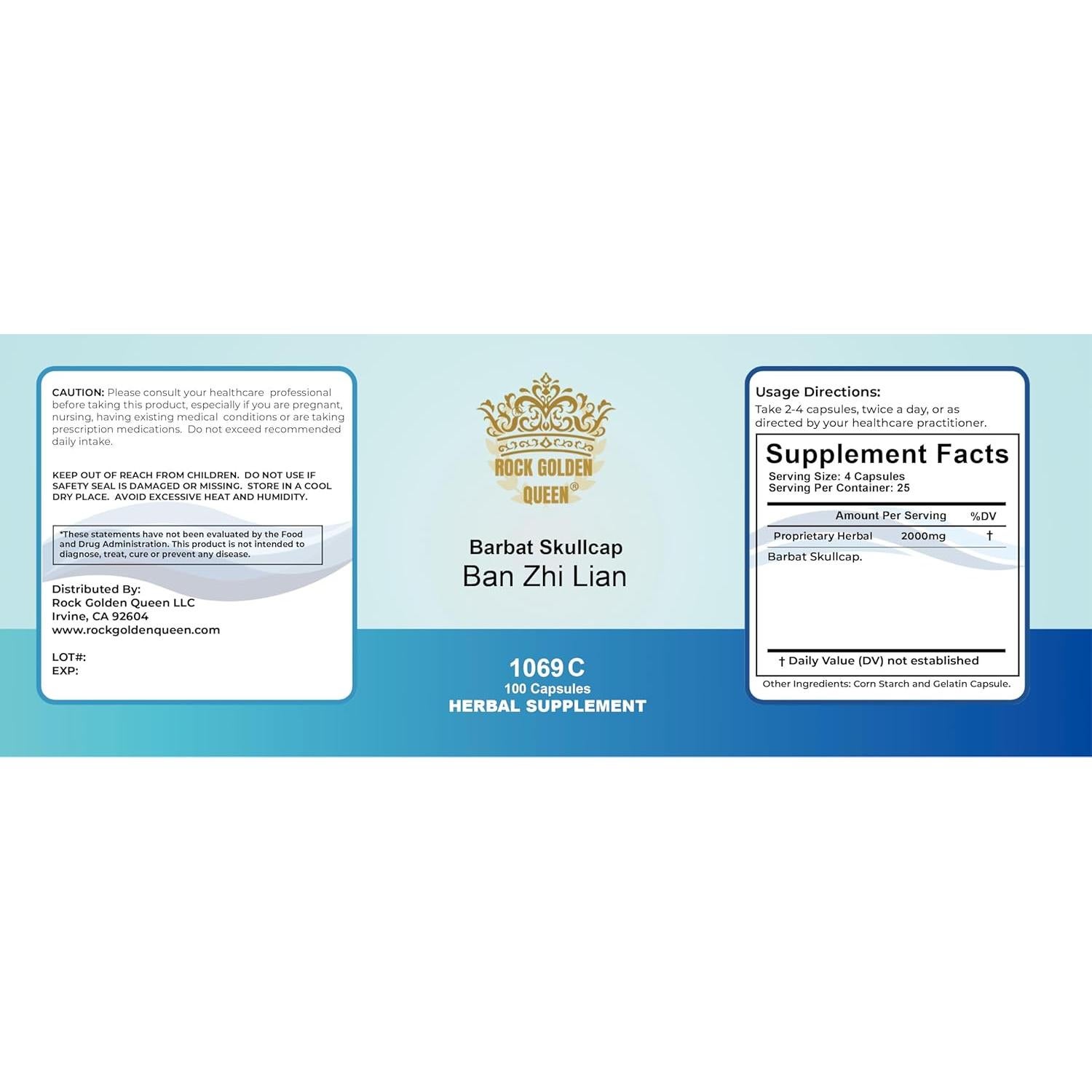 Cápsulas Herbales Rock Golden Queen Barbat Skullcap 100 Unidades