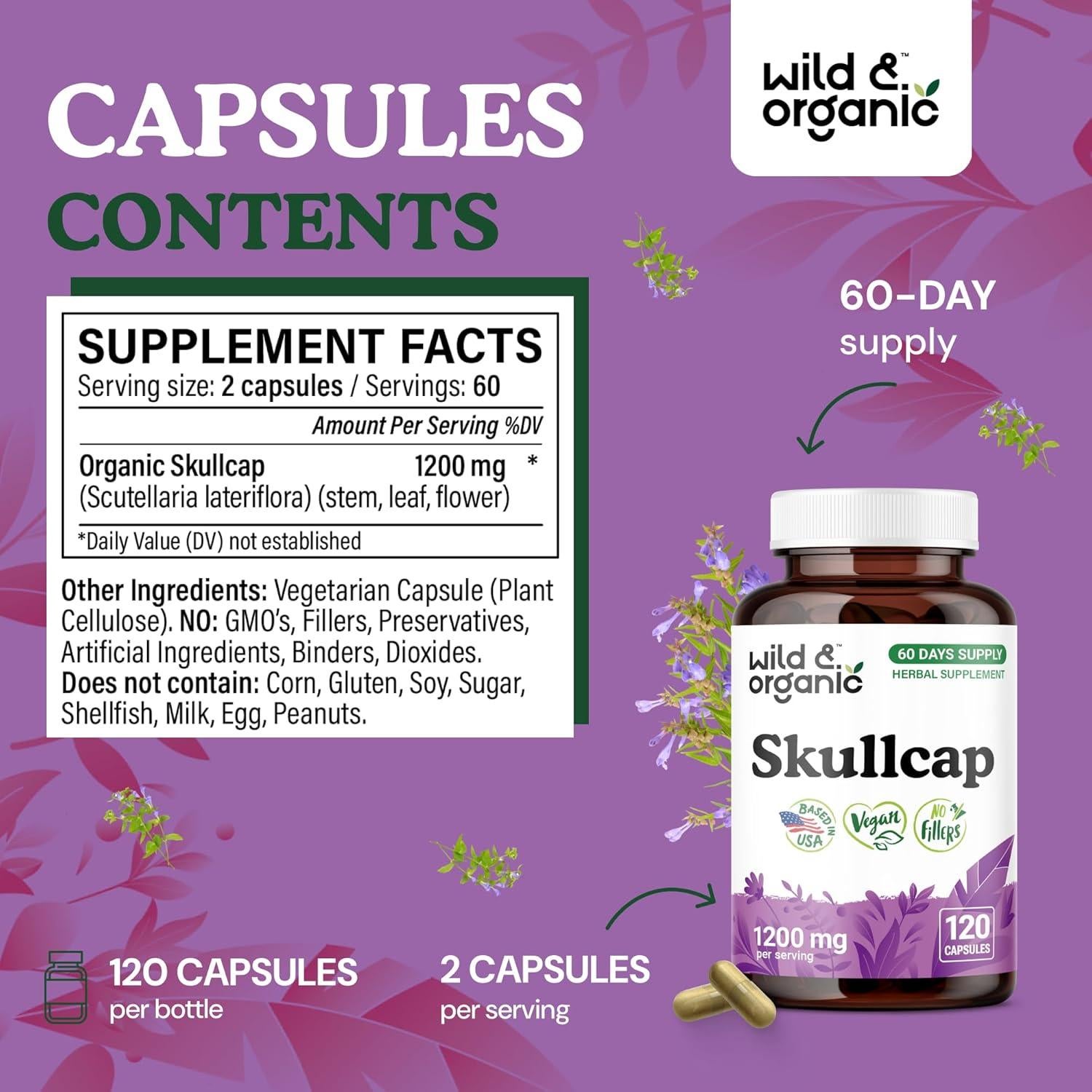 Cápsulas de Hierba Skullcap Silvestre 1200 mg - 120 Unidades - Vegano
