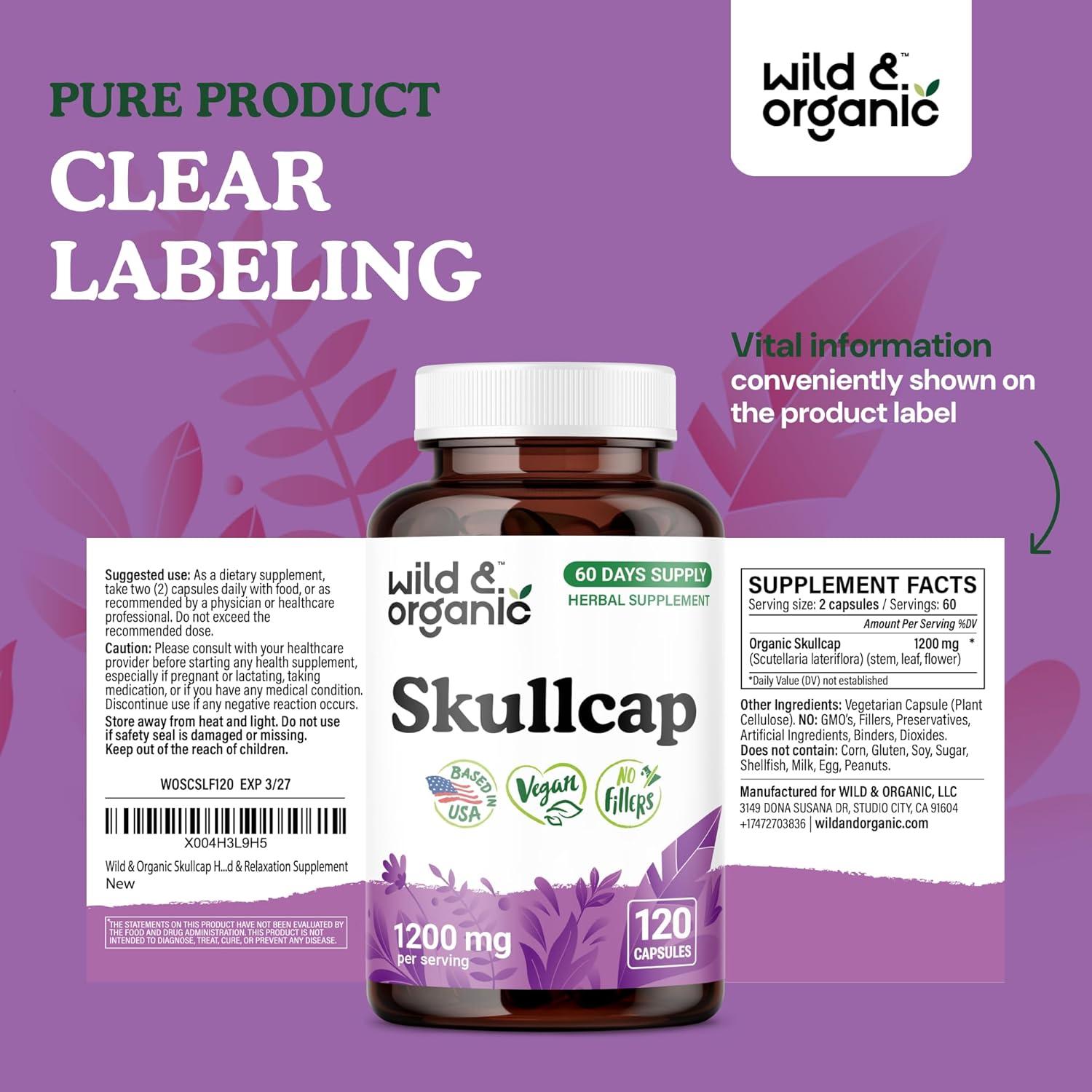 Cápsulas de Hierba Skullcap Silvestre 1200 mg - 120 Unidades - Vegano