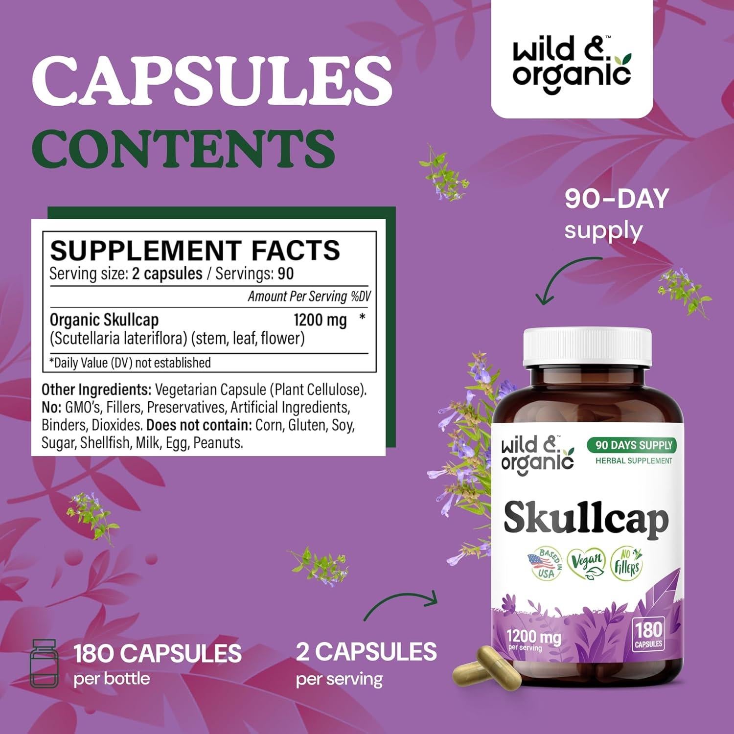Cápsulas de Hierba Skullcap Silvestre 1200 mg - 180 Unidades
