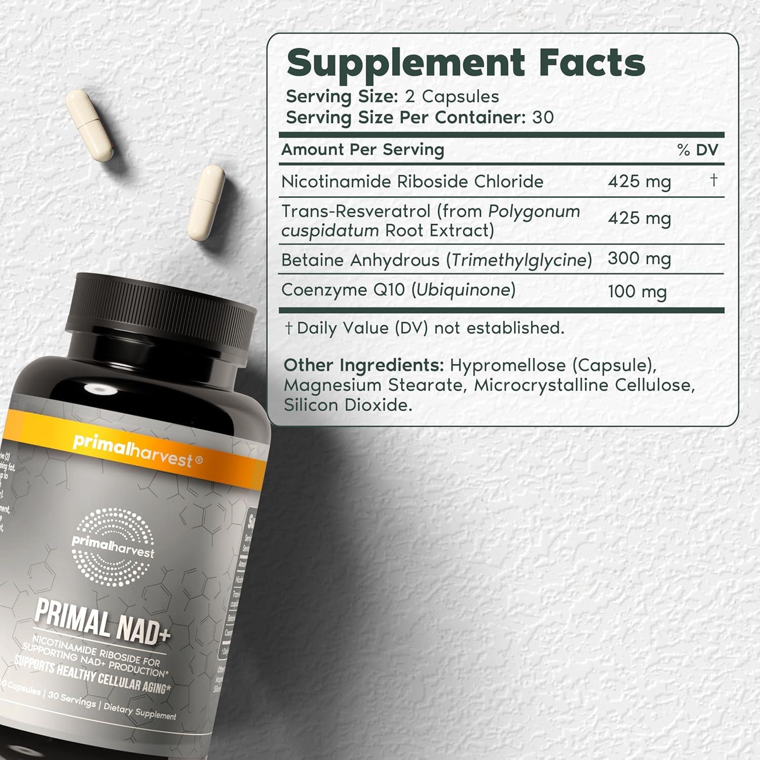 Suplemento NAD+ Primal Harvest 60 Cápsulas Energía Celular