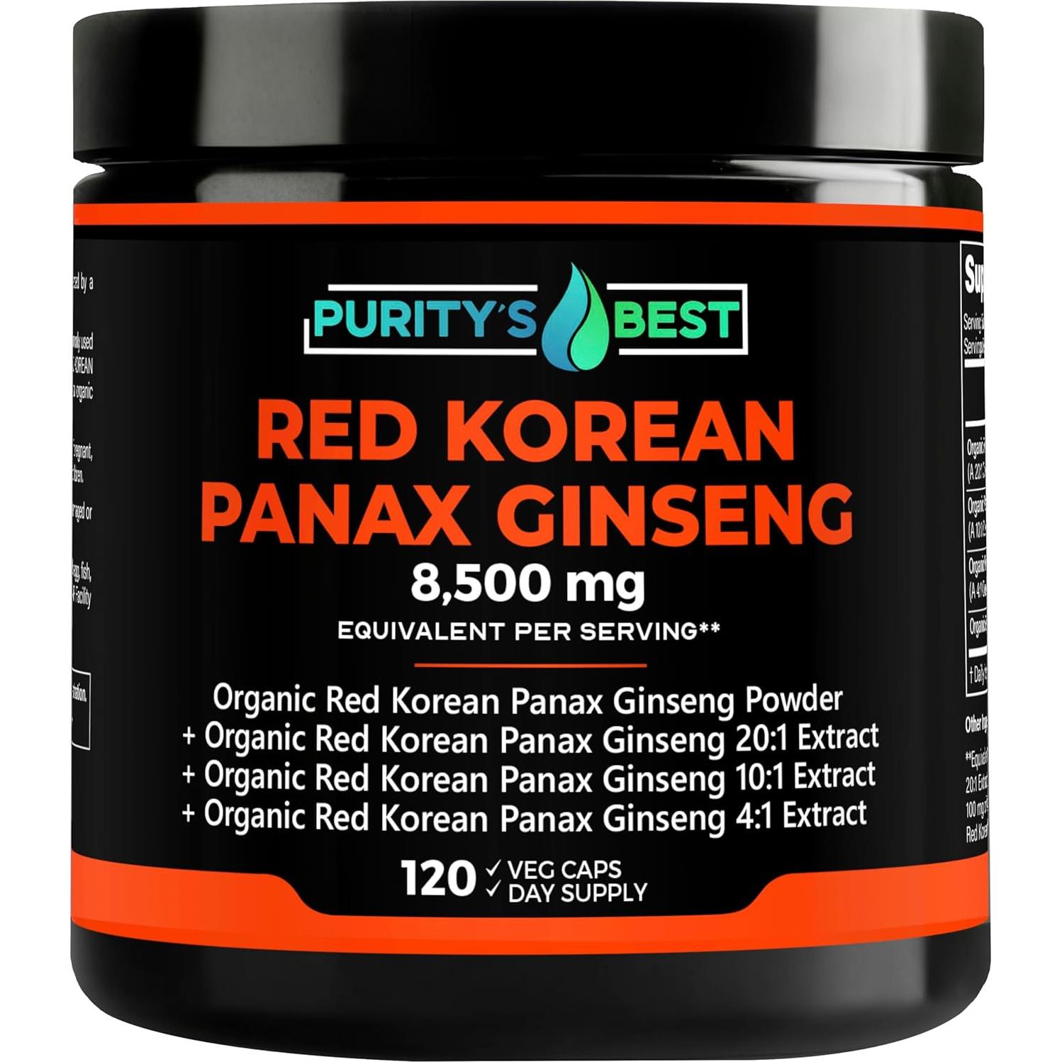 Suplemento de Ginseng Panax Rojo Purity 8500 mg 120 Cápsulas Veganas