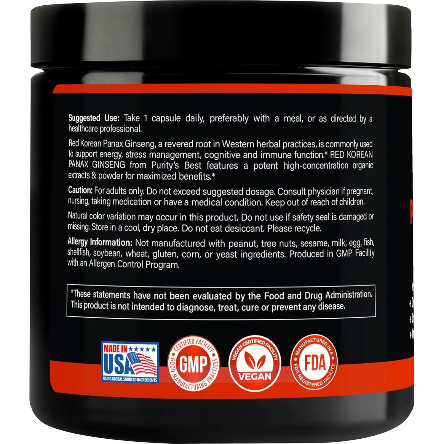 Suplemento de Ginseng Panax Rojo Purity 8500 mg 120 Cápsulas Veganas