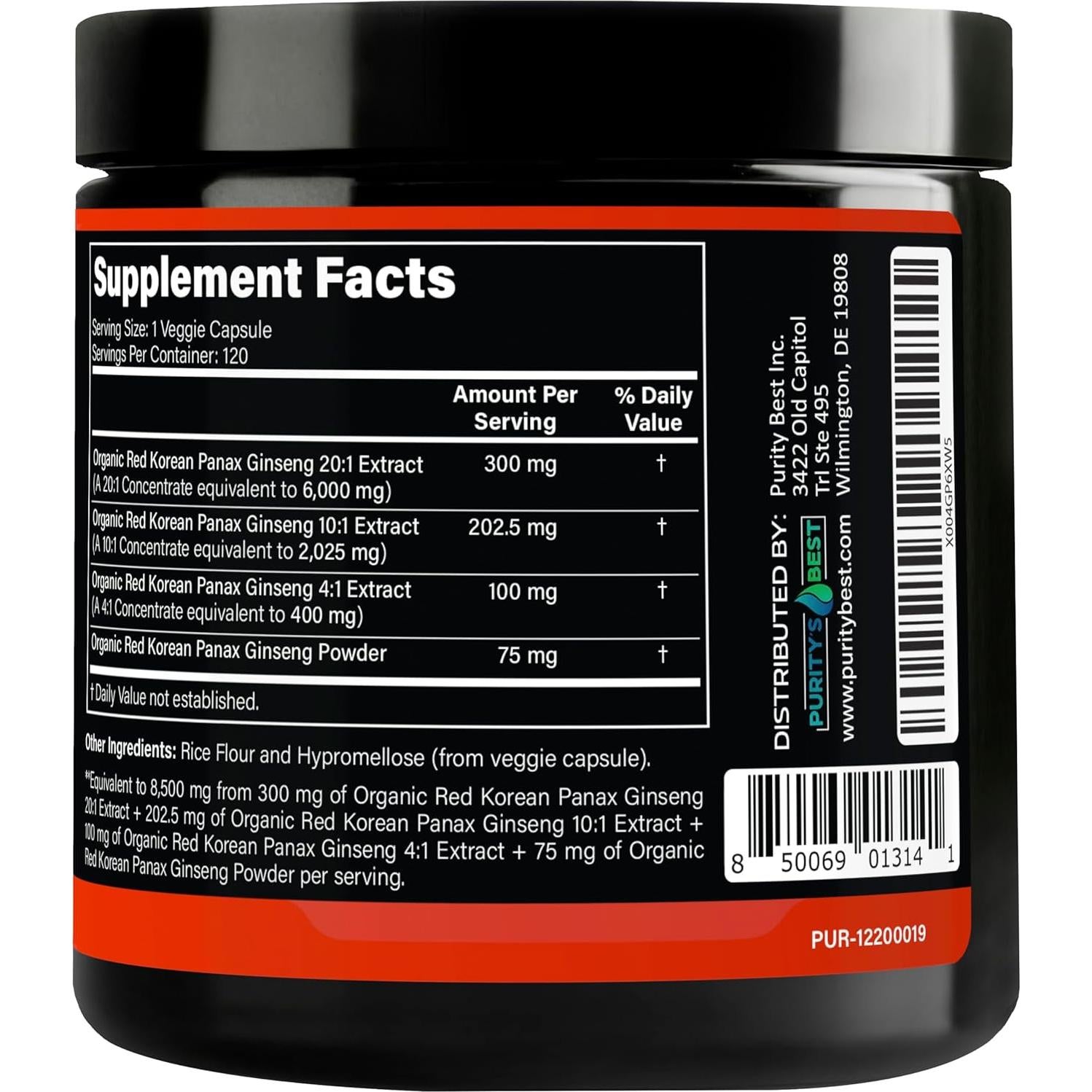 Suplemento de Ginseng Panax Rojo Purity 8500 mg 120 Cápsulas Veganas