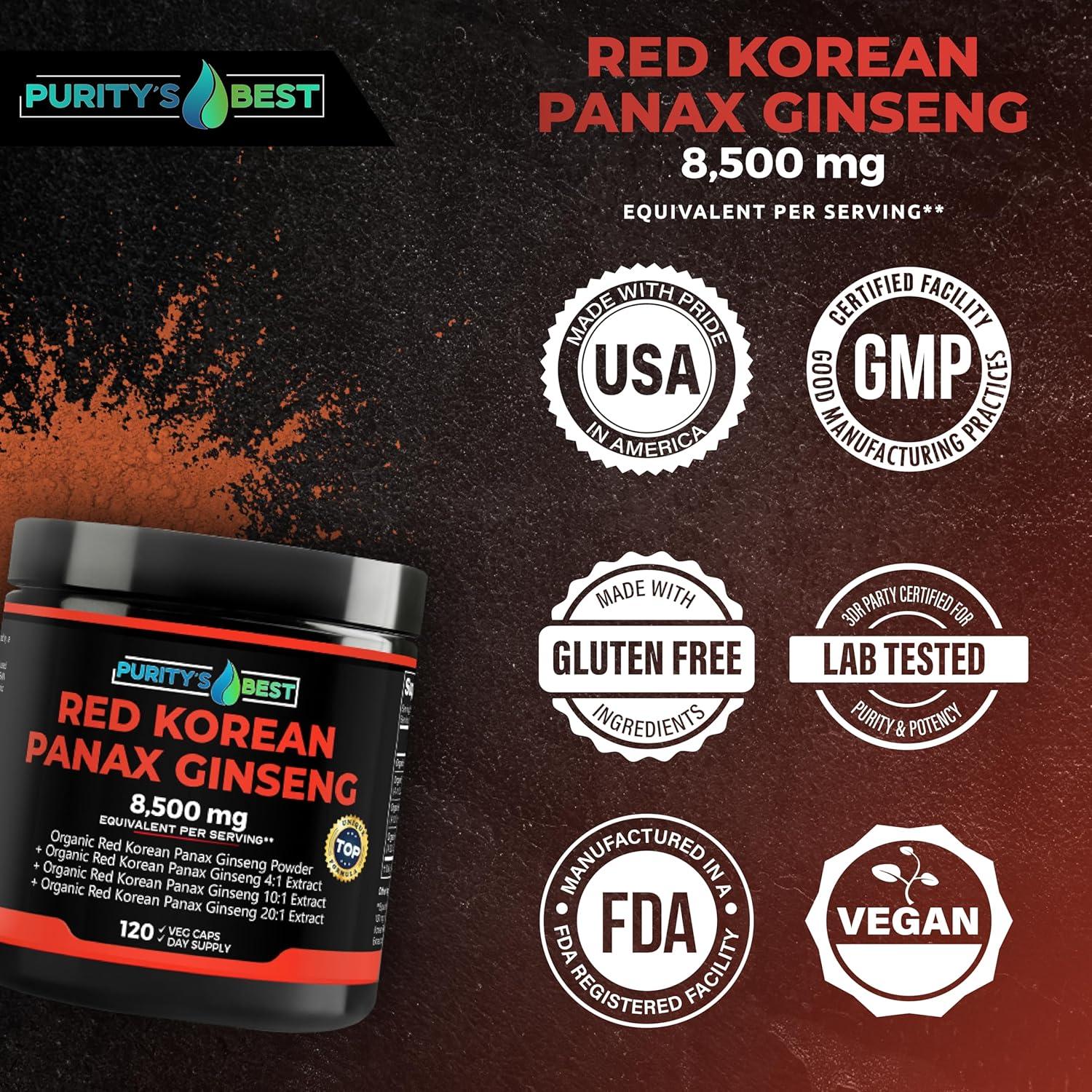 Suplemento de Ginseng Panax Rojo Purity 8500 mg 120 Cápsulas Veganas