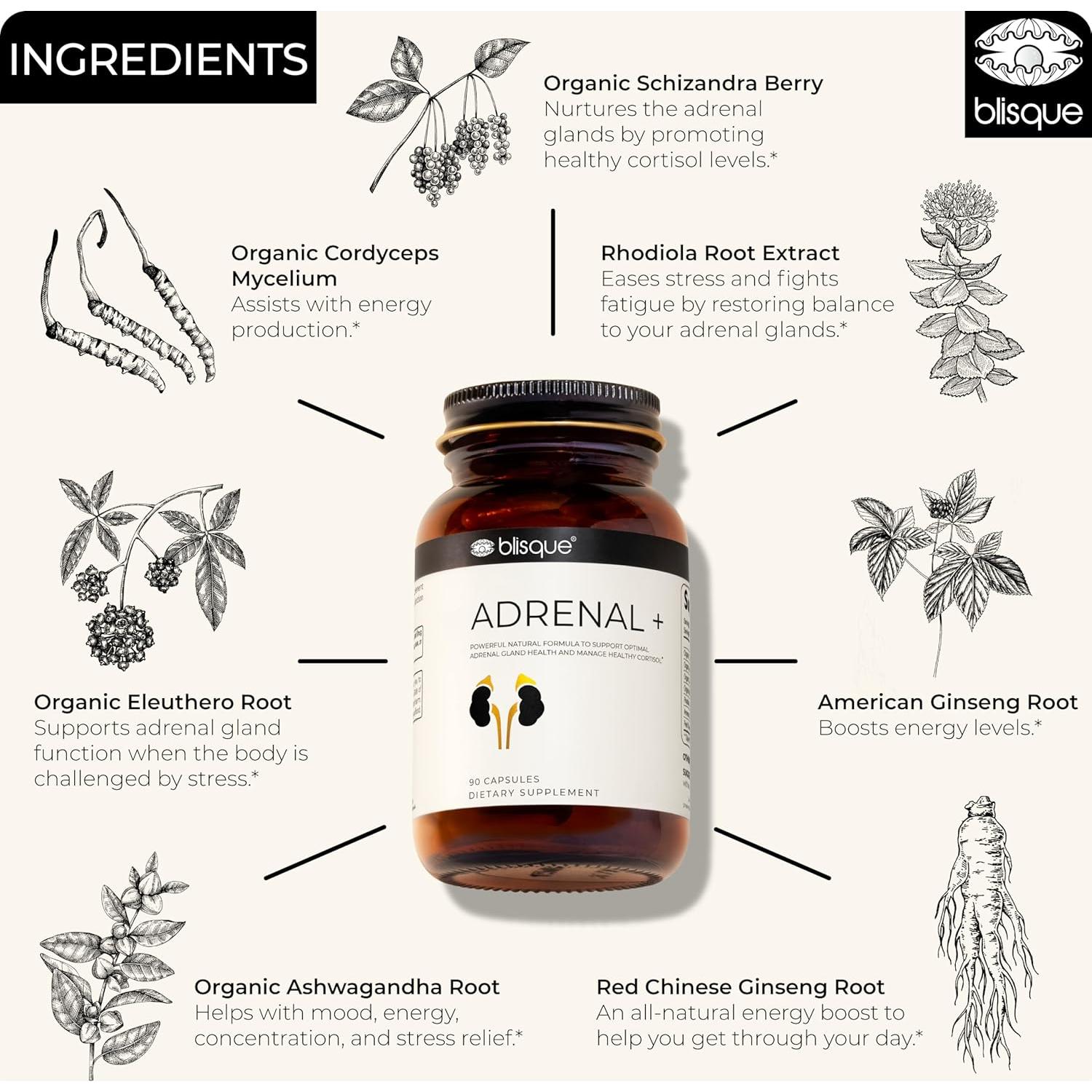 Suplemento Adrenal Blisque con Ashwagandha - 90 Cápsulas Veganas