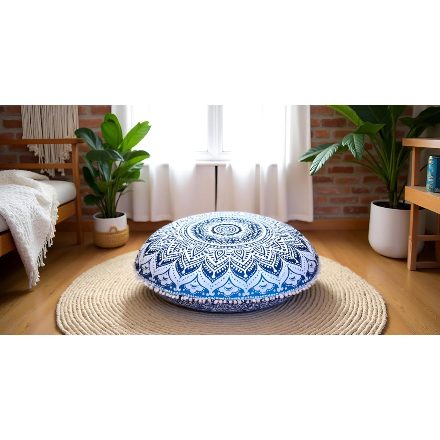 Funda de Cojín de Suelo Mandala Azul Indian Craft Castle 80 cm