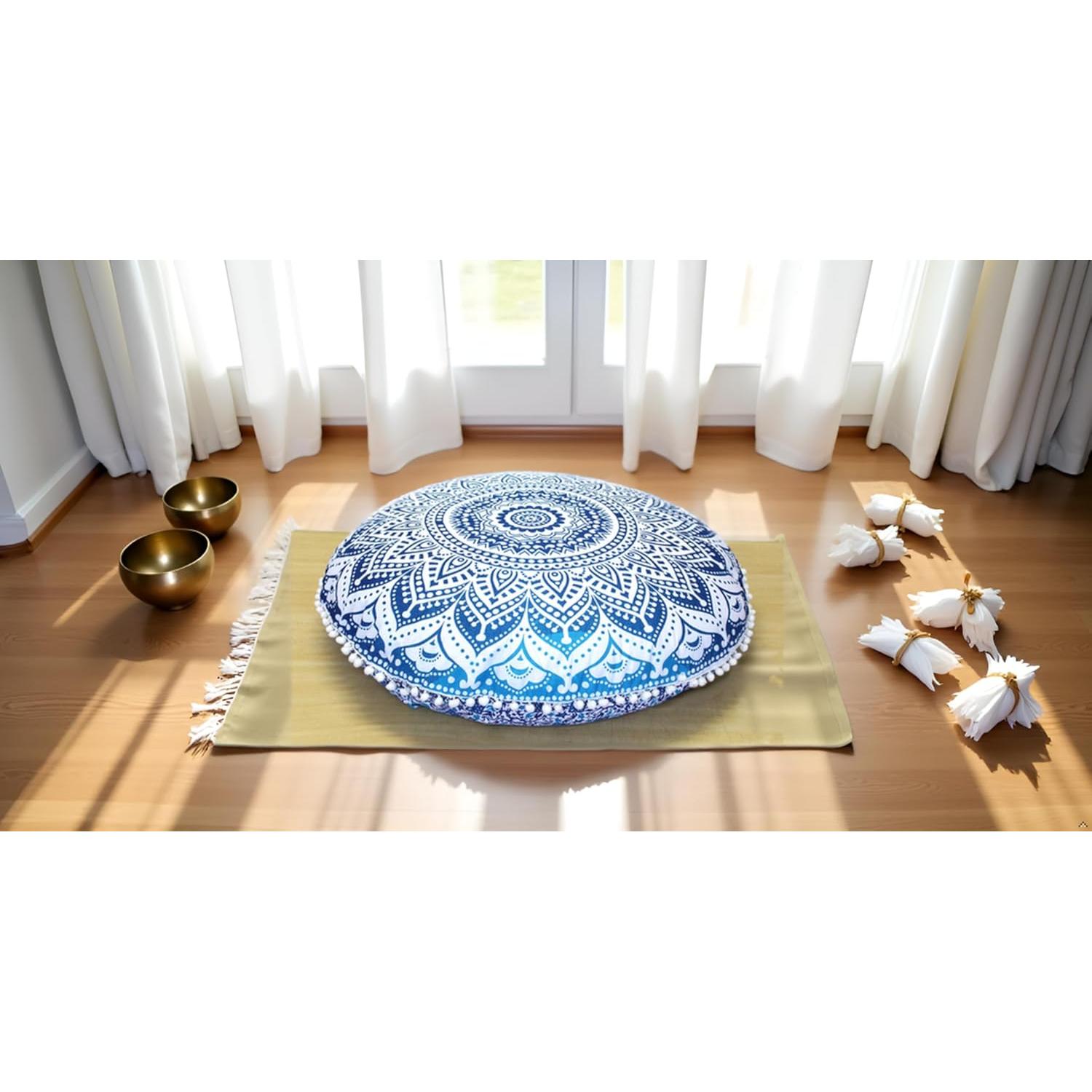 Funda de Cojín de Suelo Mandala Azul Indian Craft Castle 80 cm