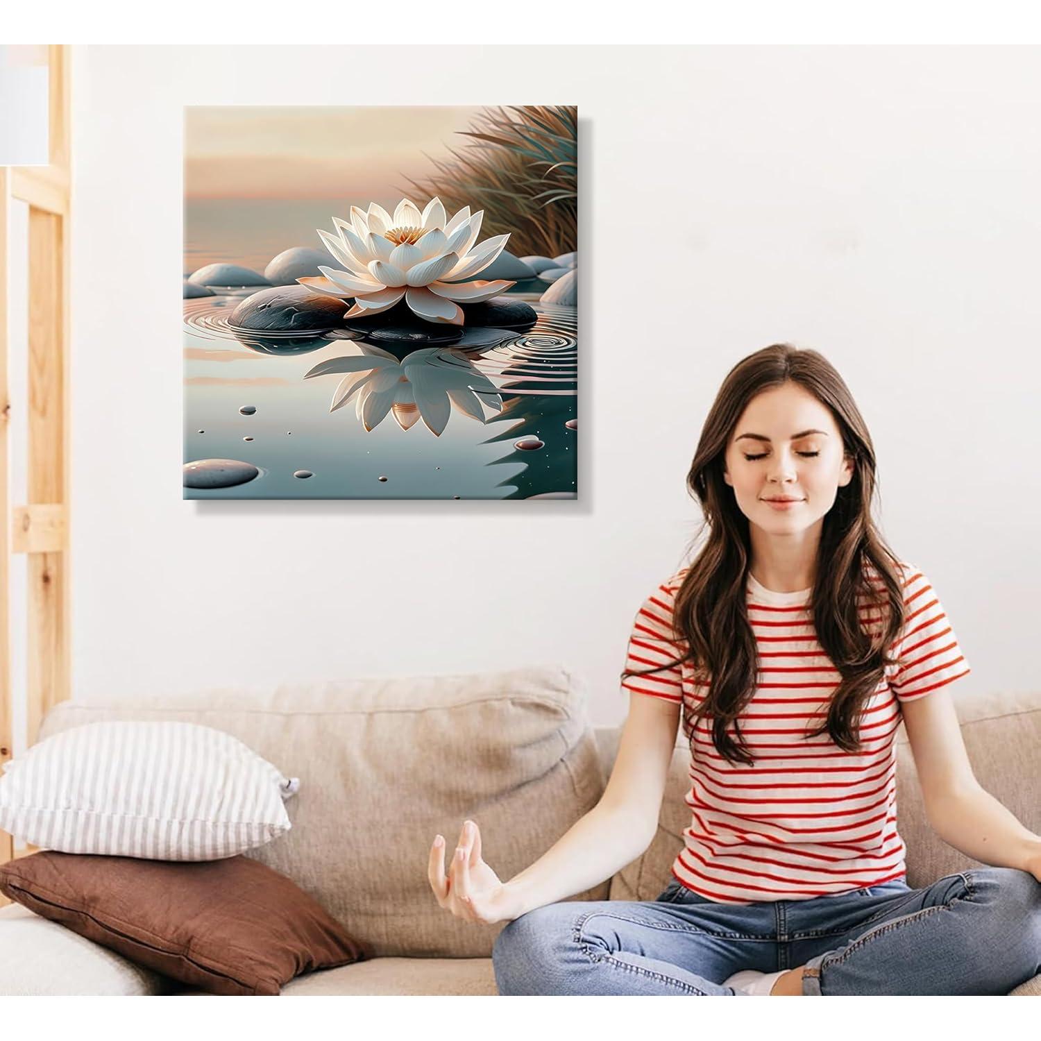 Cuadro Lienzo Zen Loto Blanco KBIERQN 30.48x30.48cm