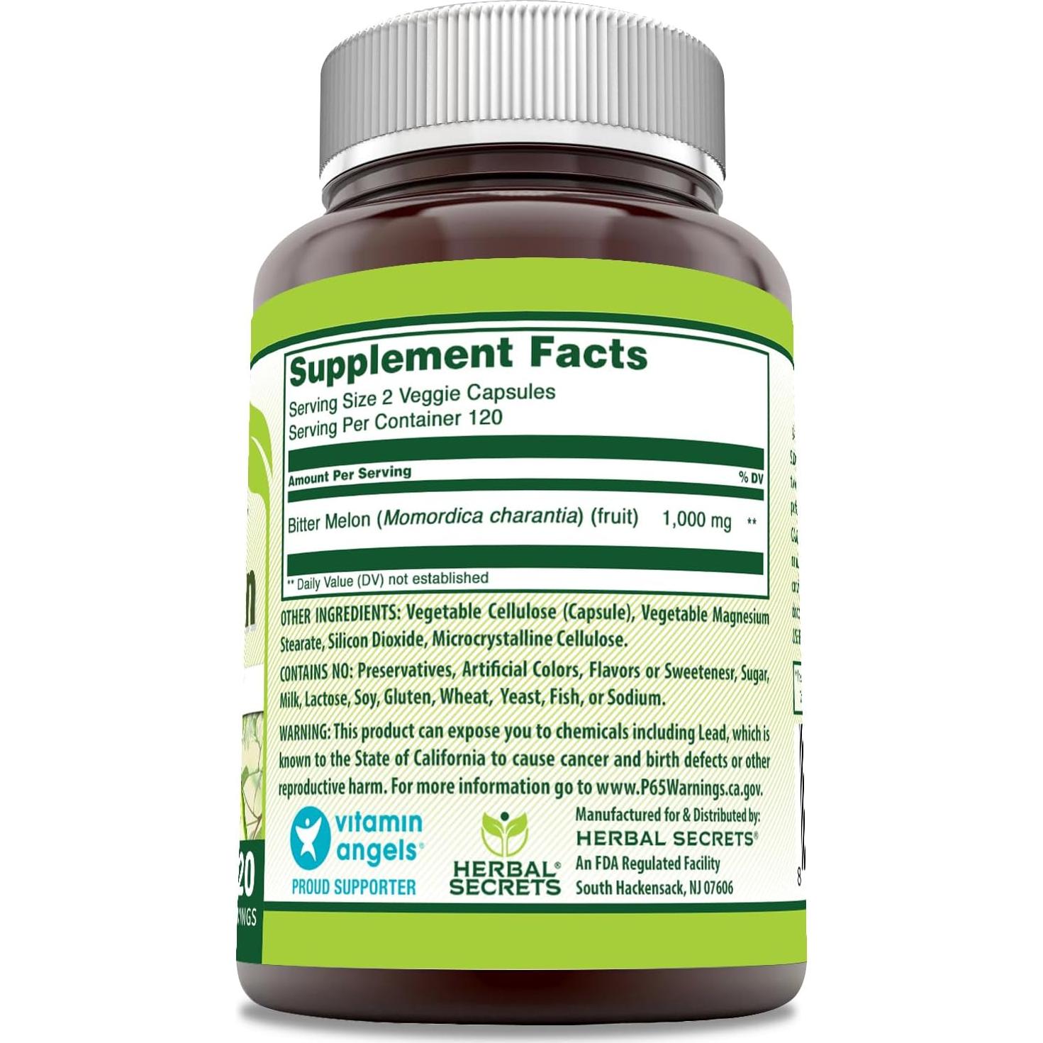 Suplemento de Melón Amargo Herbal Secrets 1000 Mg 240 Cápsulas