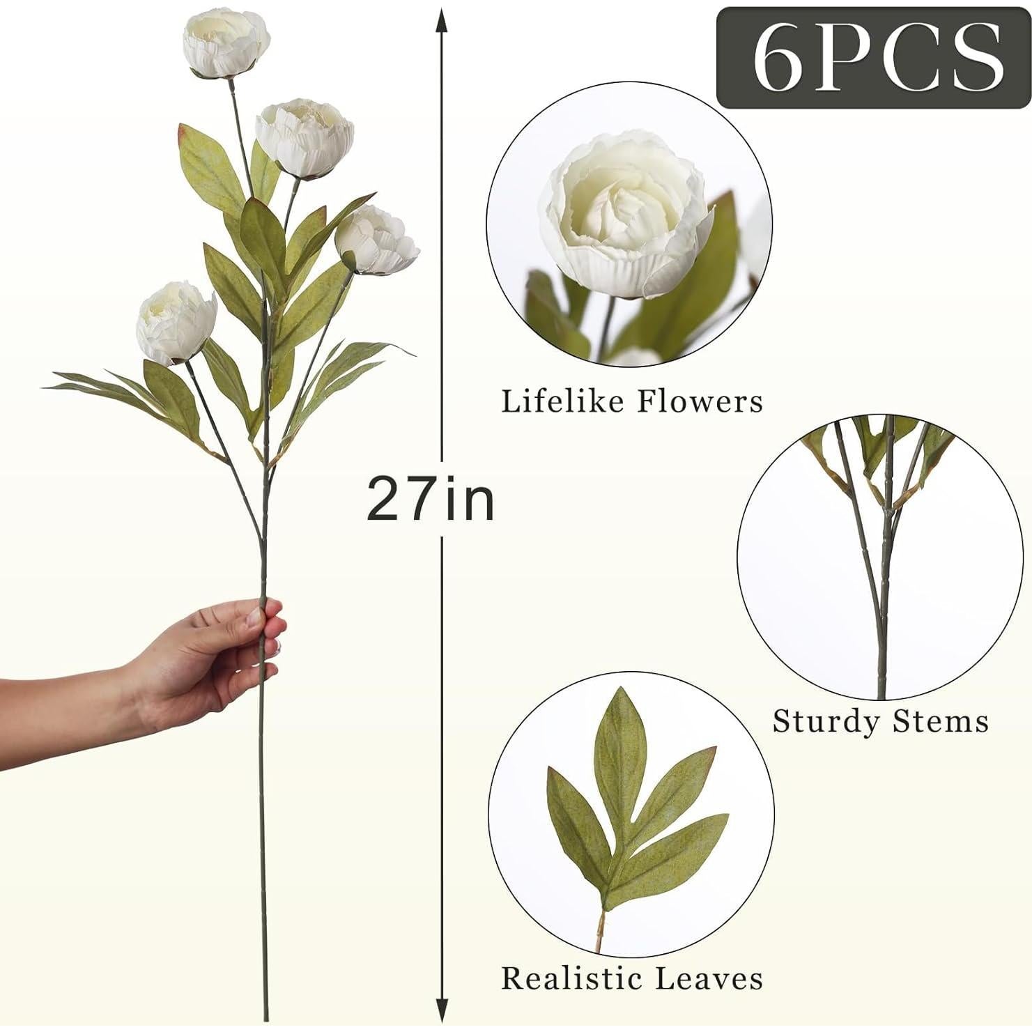 6 Ramas de Peonía Artificial VIERENA 68.58 cm Seda Crema