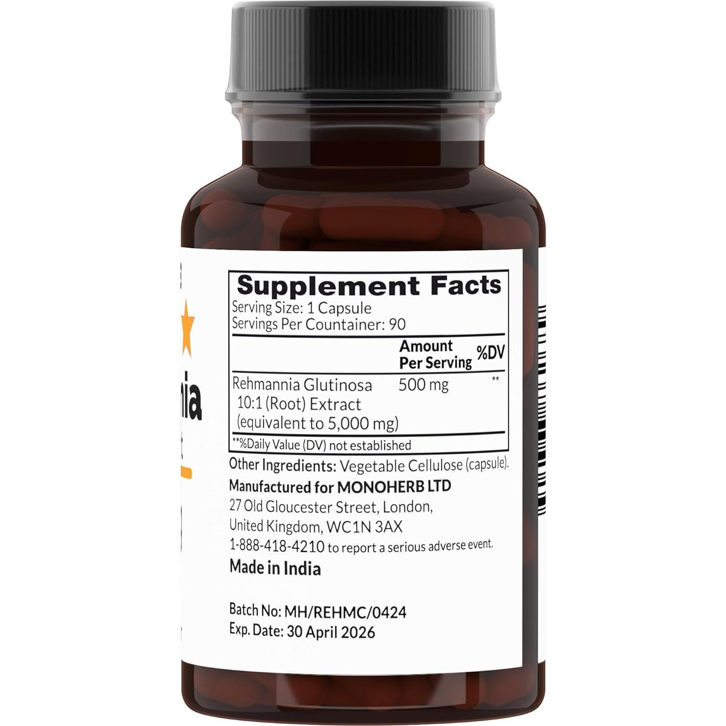 Extracto de Rehmannia 500 mg - 90 Cápsulas Veganas - Monoherb