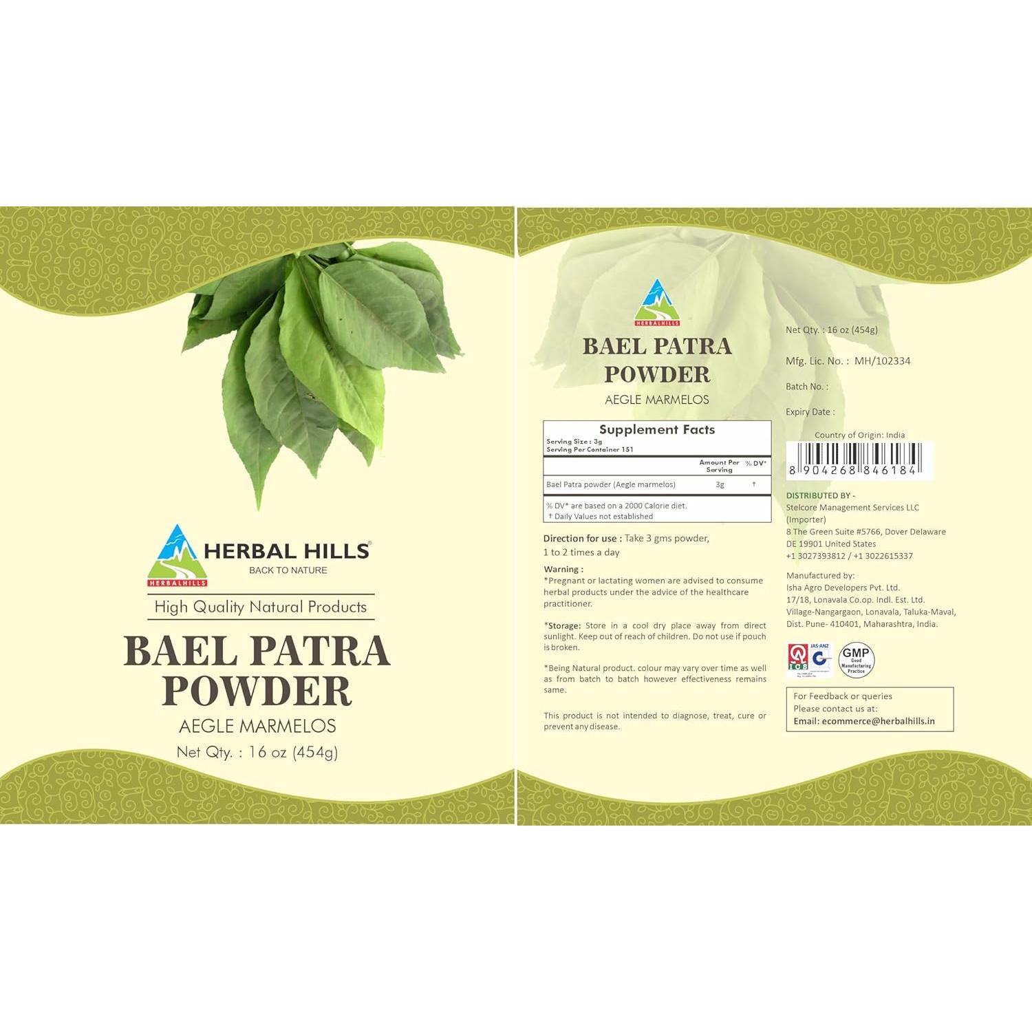 Polvo de Hoja de Bael Herbal Hills 454g - Bilva Natural