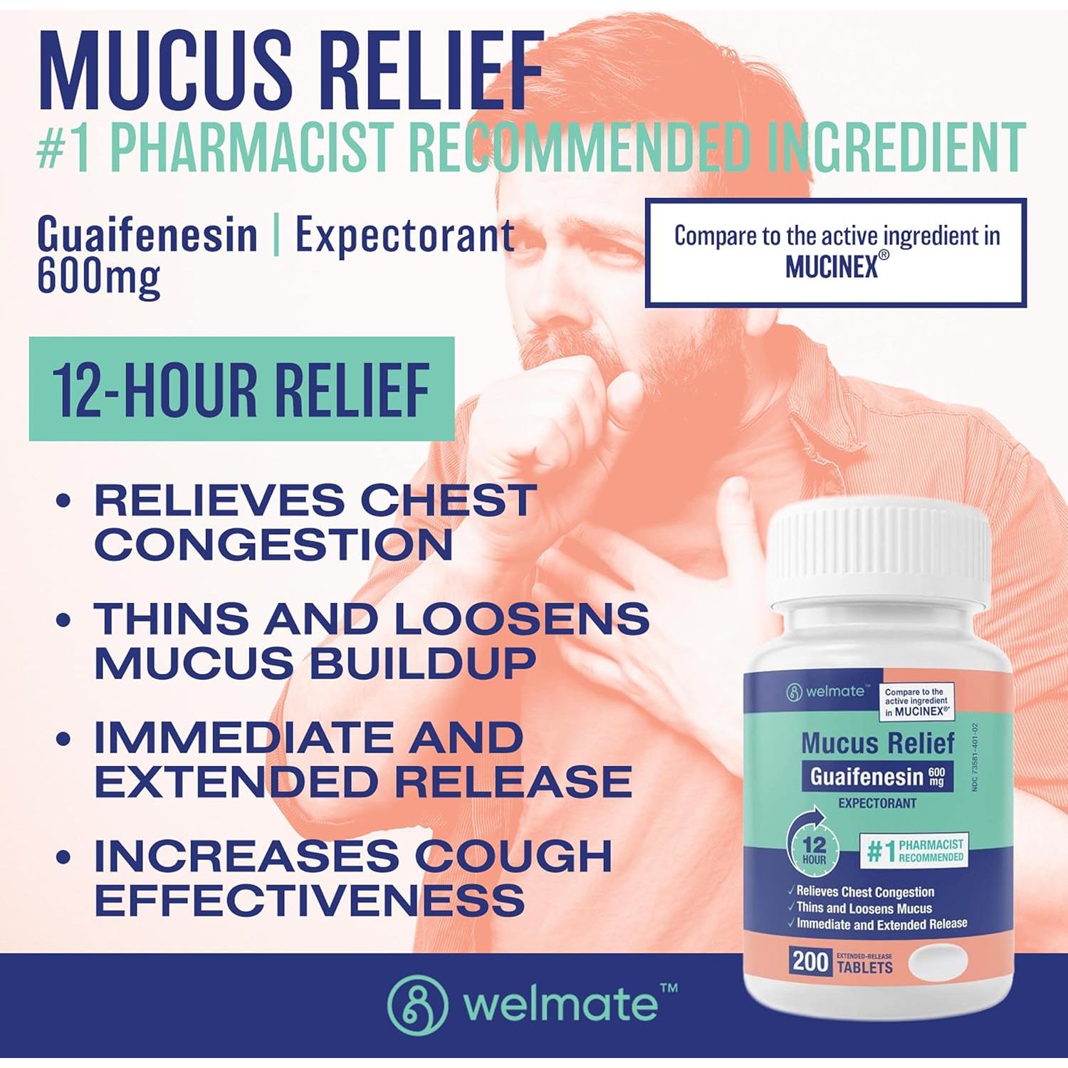 WELMATE Guaifenesina 600mg Expectorante 200 Tabletas Alivio Tos