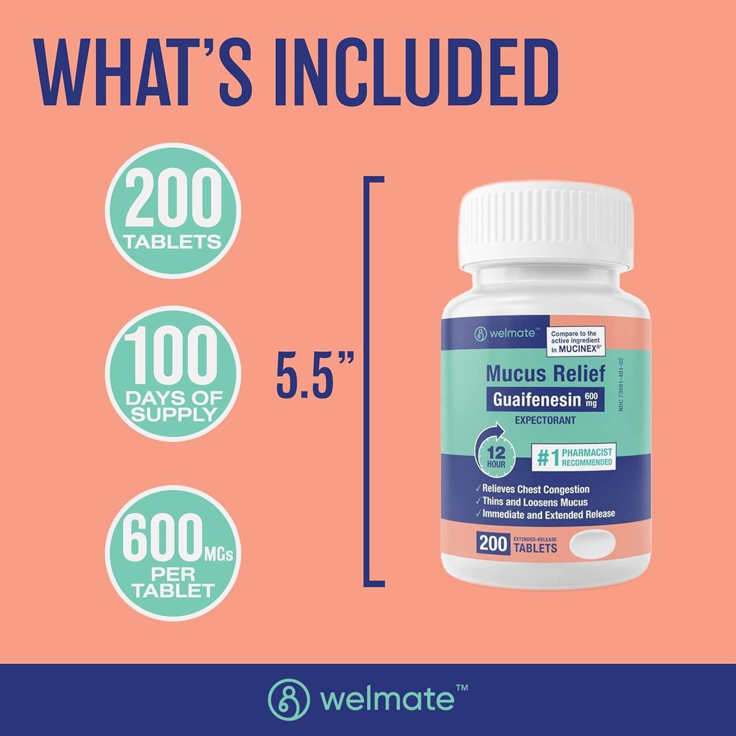 WELMATE Guaifenesina 600mg Expectorante 200 Tabletas Alivio Tos