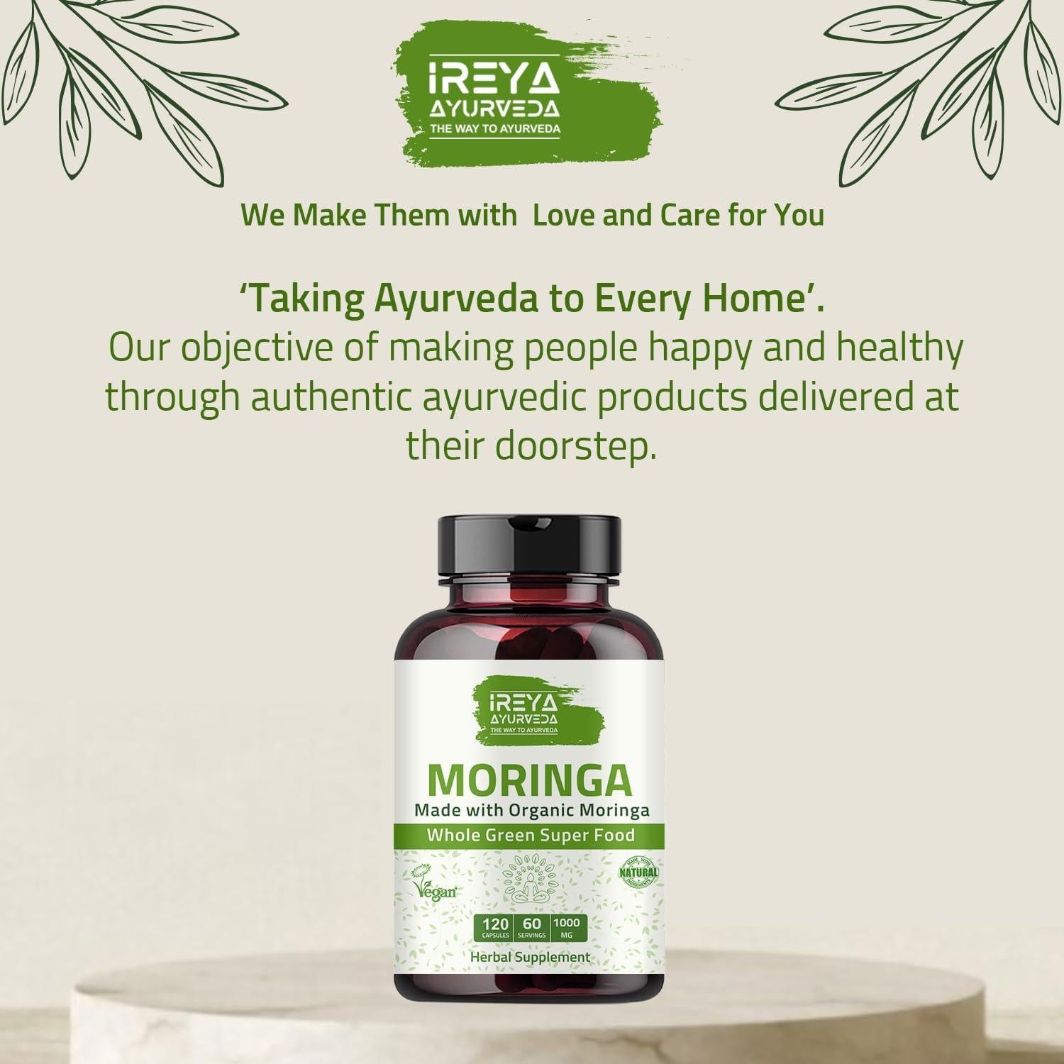 Cápsulas de Moringa Orgánica Ireya Ayurveda 1000 mg - 120 Unidades