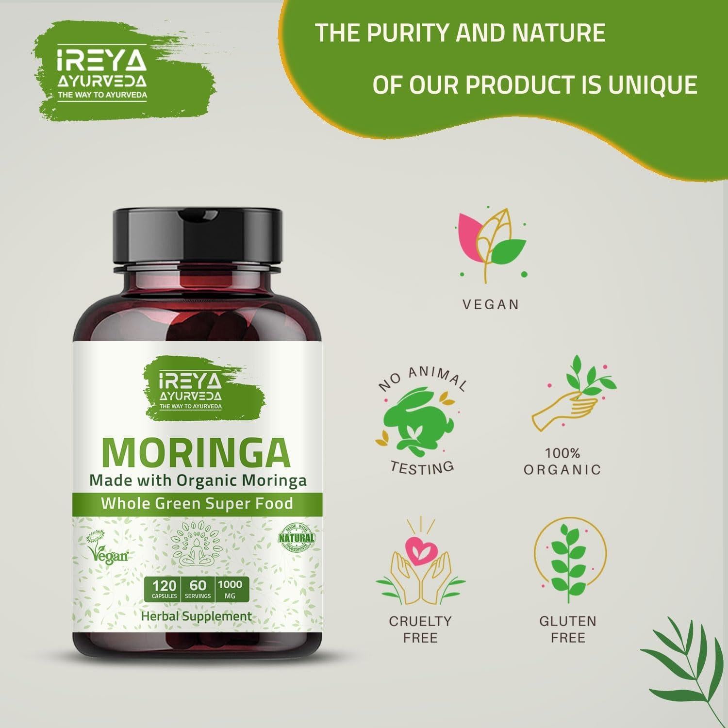 Cápsulas de Moringa Orgánica Ireya Ayurveda 1000 mg - 120 Unidades