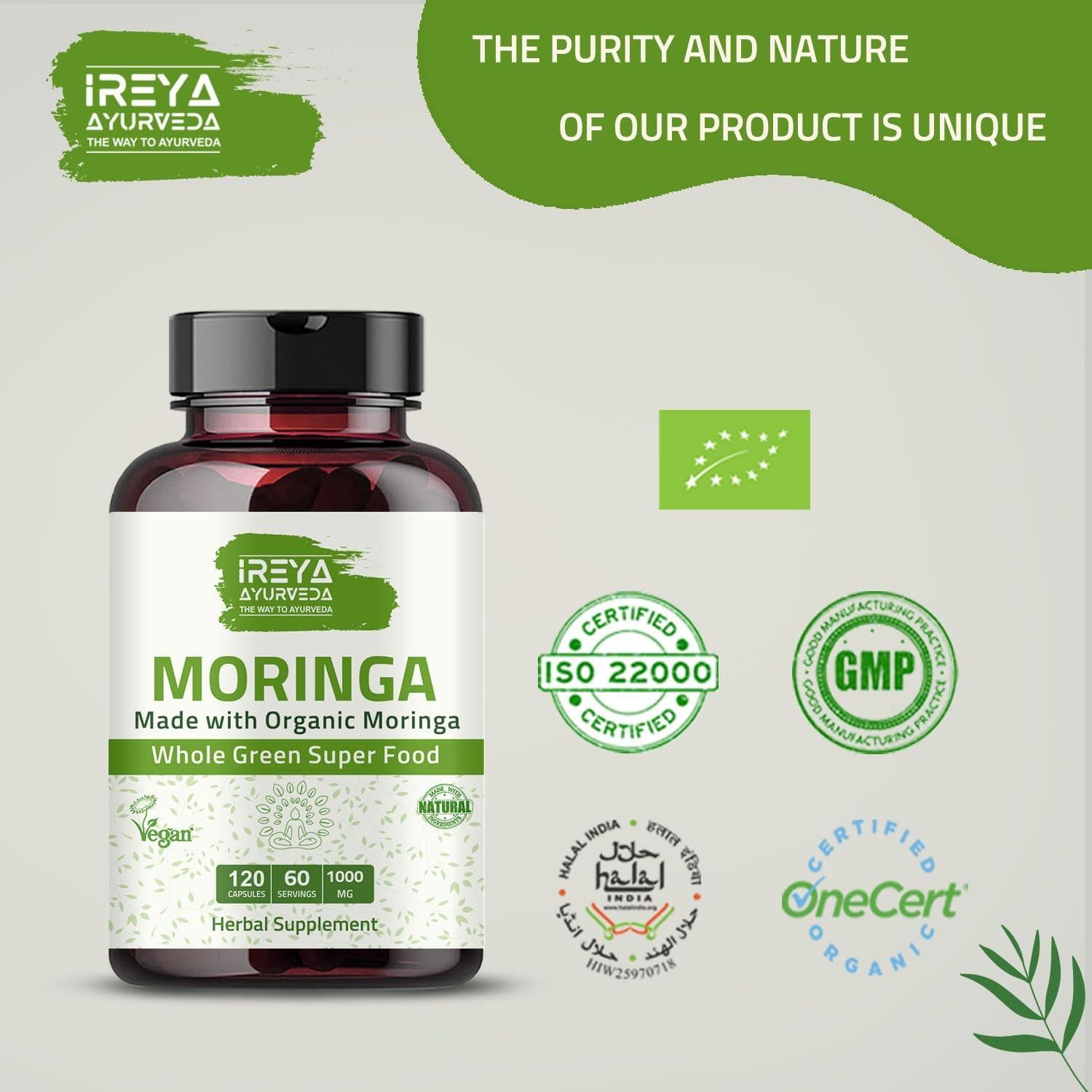 Cápsulas de Moringa Orgánica Ireya Ayurveda 1000 mg - 120 Unidades