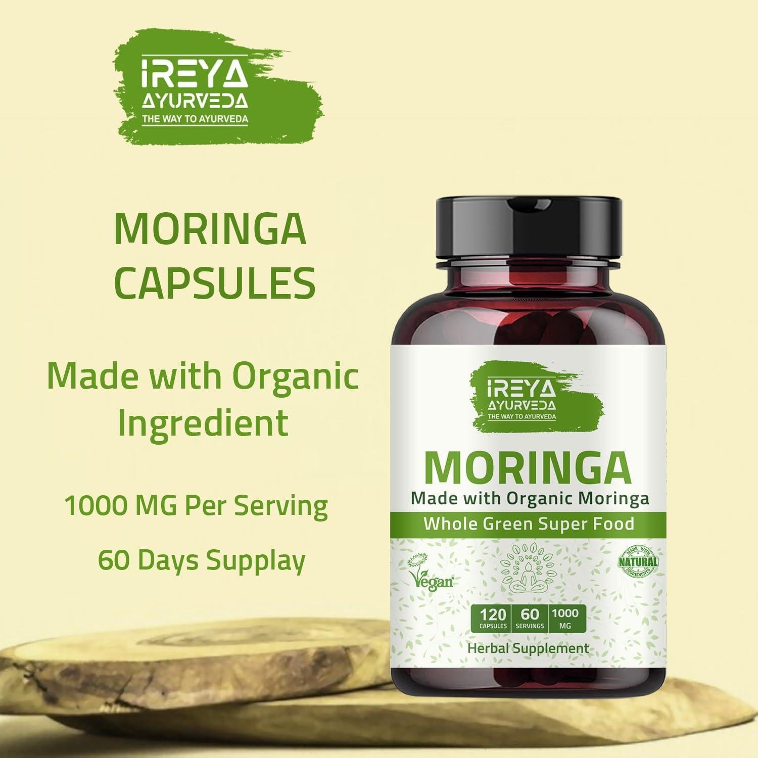 Cápsulas de Moringa Orgánica Ireya Ayurveda 1000 mg - 120 Unidades