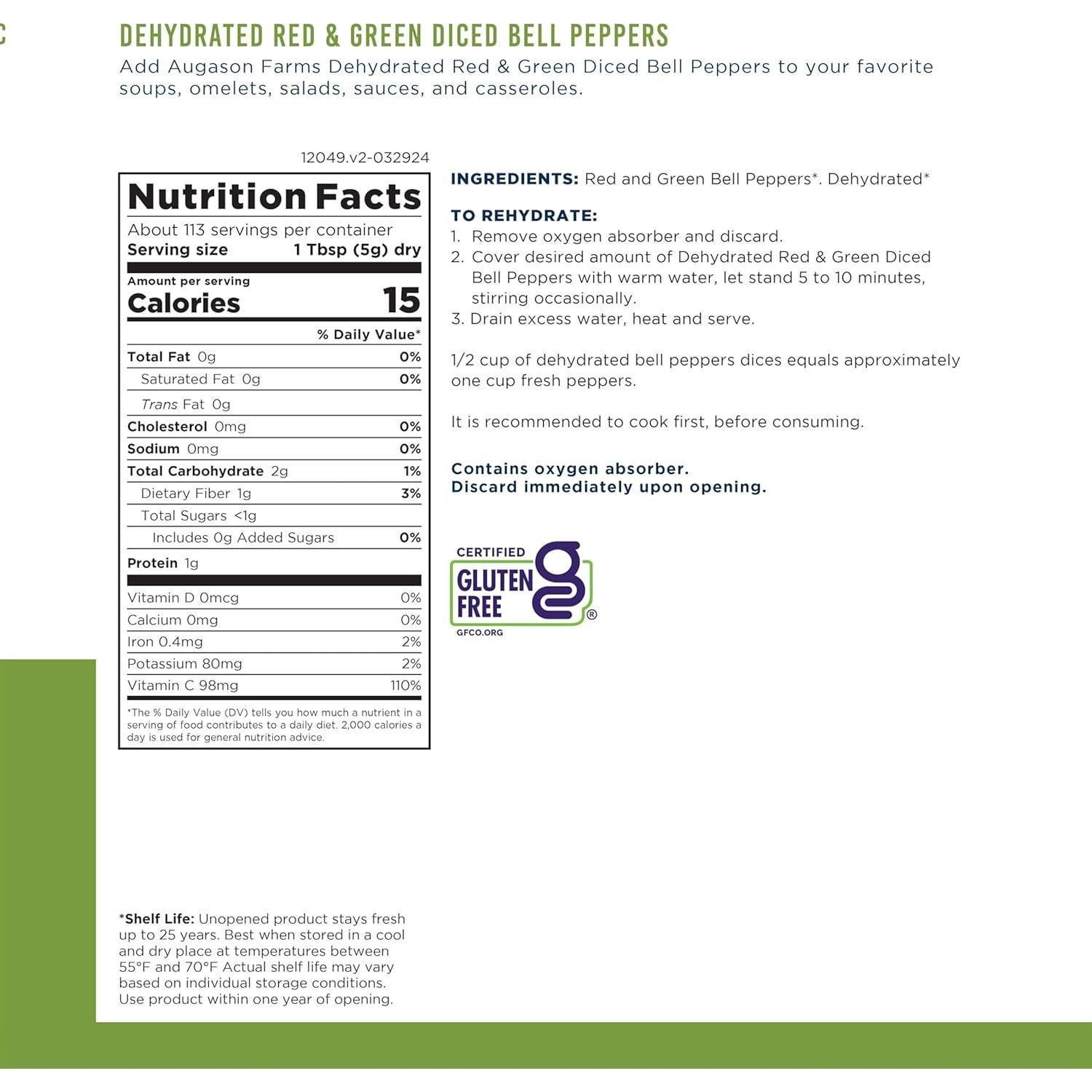 Pimientos Rojos y Verdes Deshidratados Augason Farms 567g